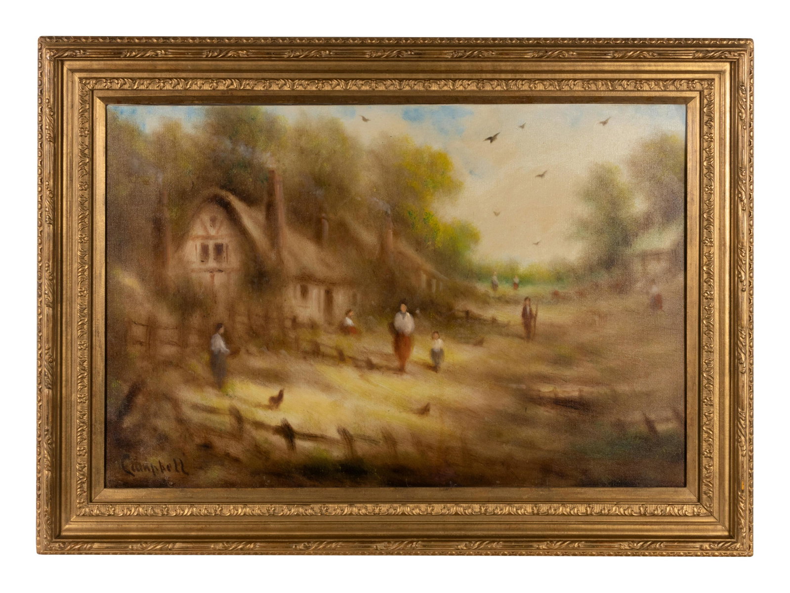 Continental School,(20th Century): Continental School, (20th Century) Village Scene acrylic on canvas signed 'Campbell' (lower left) 23 x 36 inches.