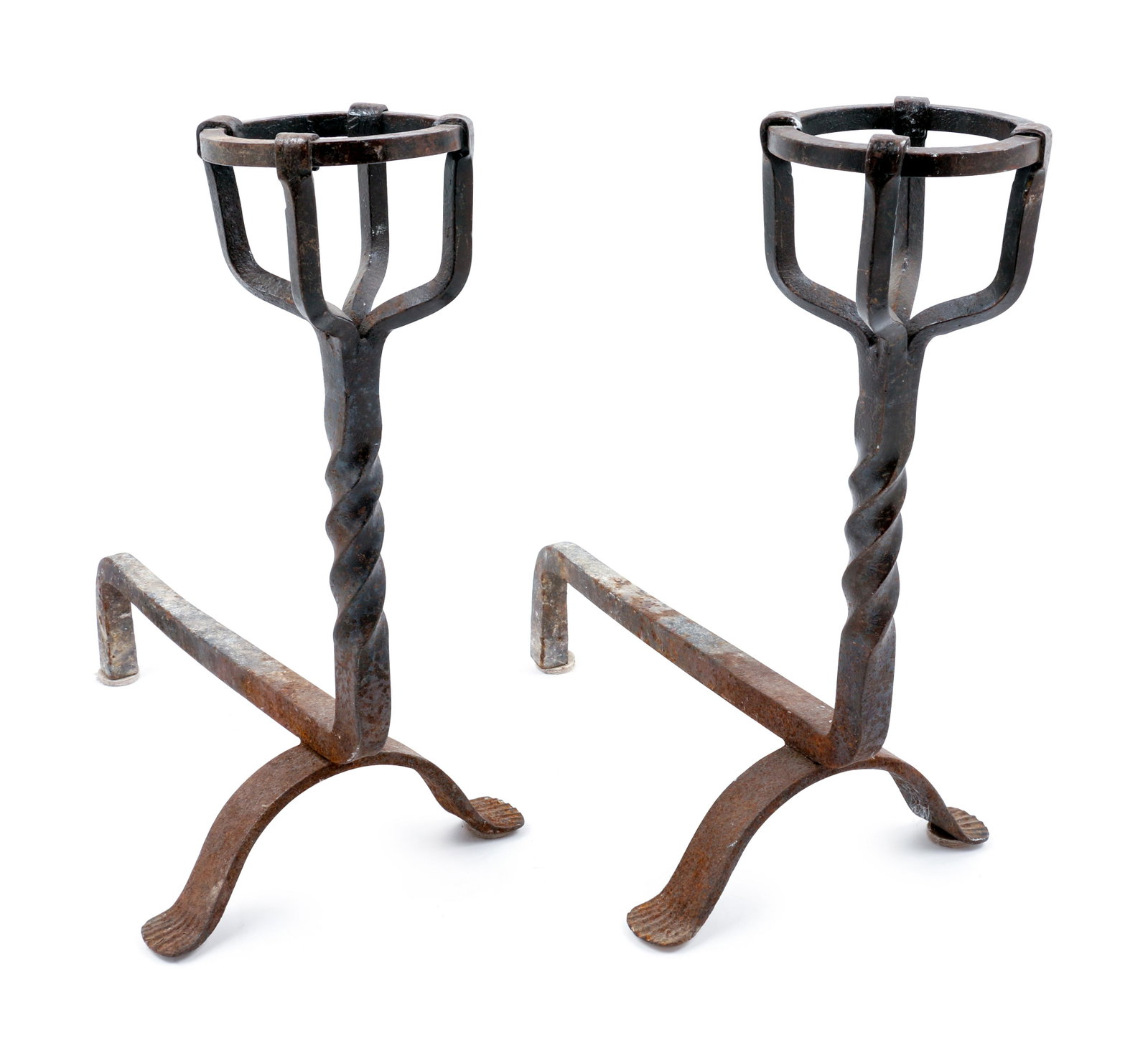 A Pair of Renaissance Revival Wrought Iron Andirons: A Pair of Renaissance Revival Wrought Iron Andirons Late 19th/Early 20th Century Height 15 1/4 x depth 14 inches.