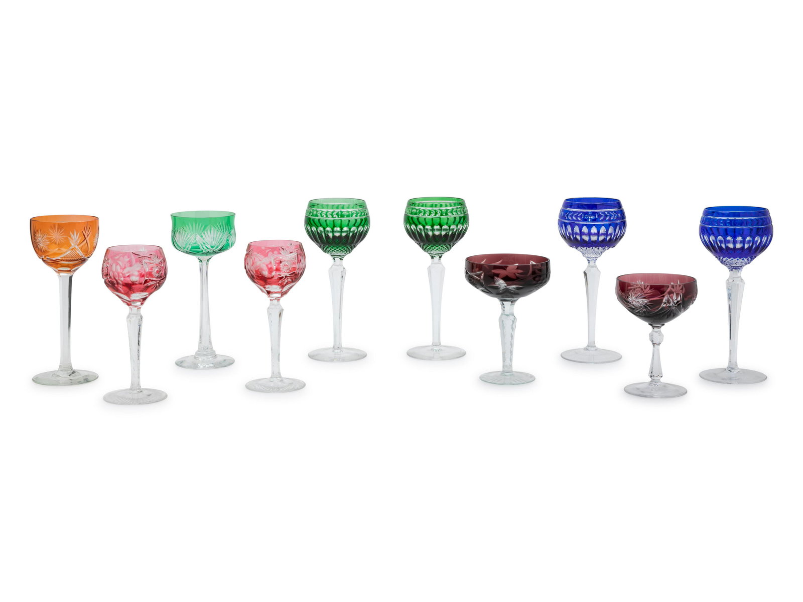 Ten Cut-to-Clear Colored Glass Stemware Articles (1 of 1)