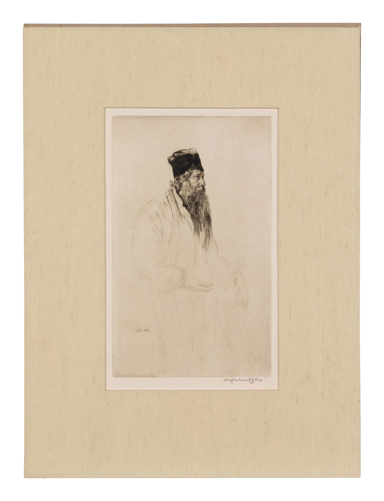Sir Muirhead Bone, (British, 1876-1953), Sir: Sir Muirhead Bone, (British, 1876-1953), Sir Rabindranath Tagore signed and inscribed in pencil 5 x 7 3/4 inches.