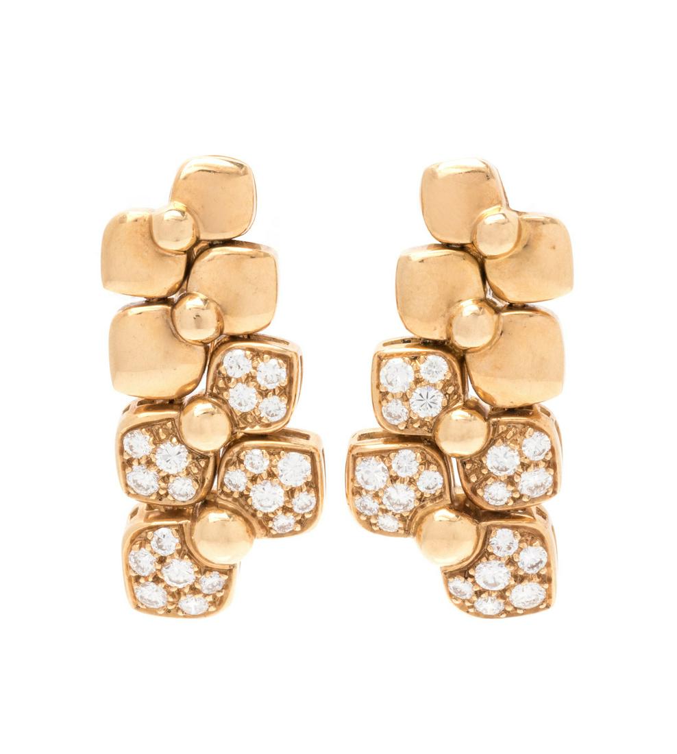 VAN CLEEF & ARPELS, YELLOW GOLD AND DIAMOND EARCLIPS: VAN CLEEF & ARPELS, YELLOW GOLD AND DIAMOND EARCLIPS Containing 40 round brilliant cut diamonds weighing approximately 1.50 carats total. Stamp: (French hallmarks). Engraved: VCA 750 NY 3K785-2. 13.20