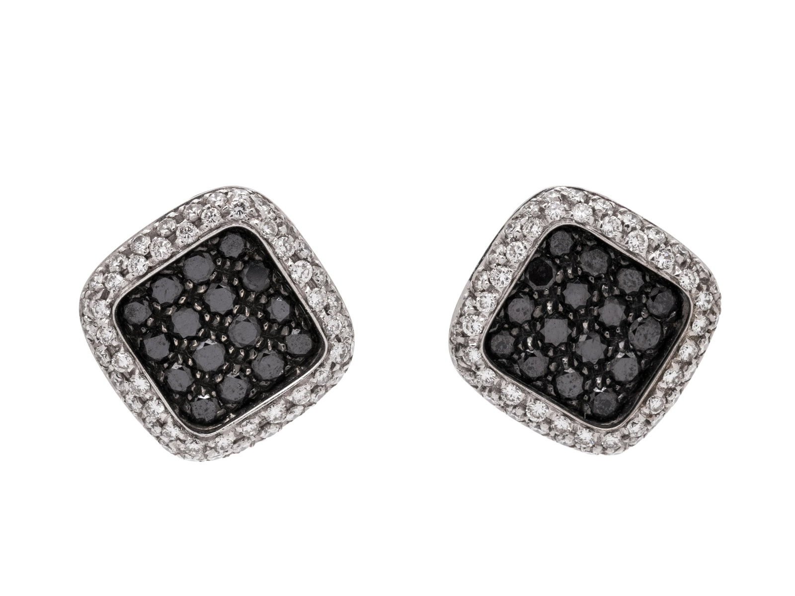 DIAMOND AND BLACK DIAMOND EARCLIPS: DIAMOND AND BLACK DIAMOND EARCLIPS Containing 104 round brilliant cut diamonds weighing approximately 1.00 carat total and 32 round mixed cut black diamonds (origin of color not tested). Mounted in wh