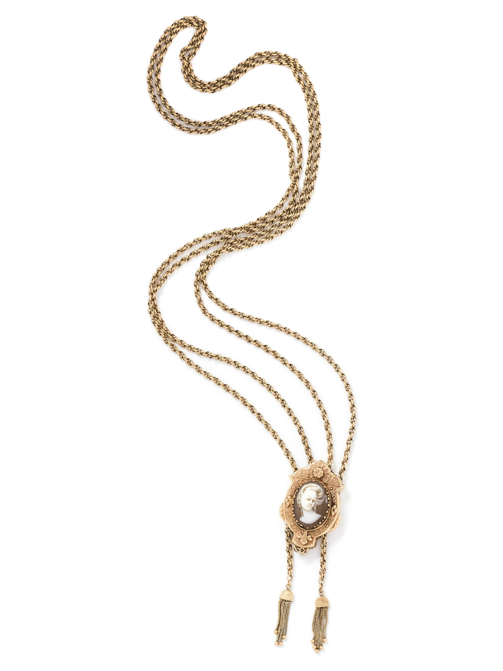 YELLOW GOLD AND CAMEO SLIDE PENDANT NECKLACE: YELLOW GOLD AND CAMEO SLIDE PENDANT NECKLACE Consisting of double textured link rope chains with slide pendant containing one oval shape carved cameo depicting a woman and two wheat chain tassels. 29.