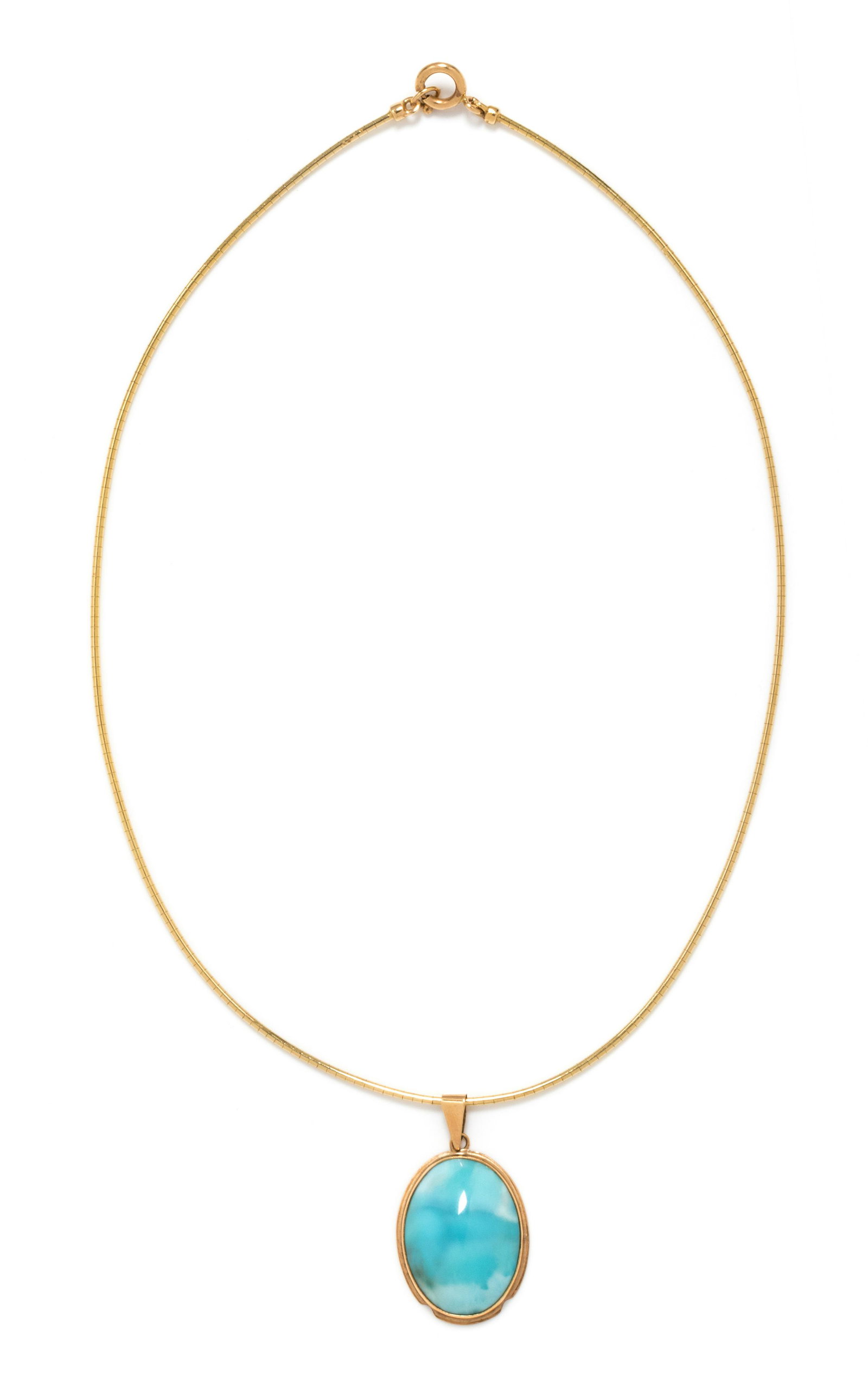 YELLOW GOLD AND LARIMAR PENDANT/NECKLACE: YELLOW GOLD AND LARIMAR PENDANT/NECKLACE Consisting of a pendant containing one oval shape cabochon larimar measuring approximately 23.50 x 17.40 x 7.20 mm, suspended from a round omega chain necklace