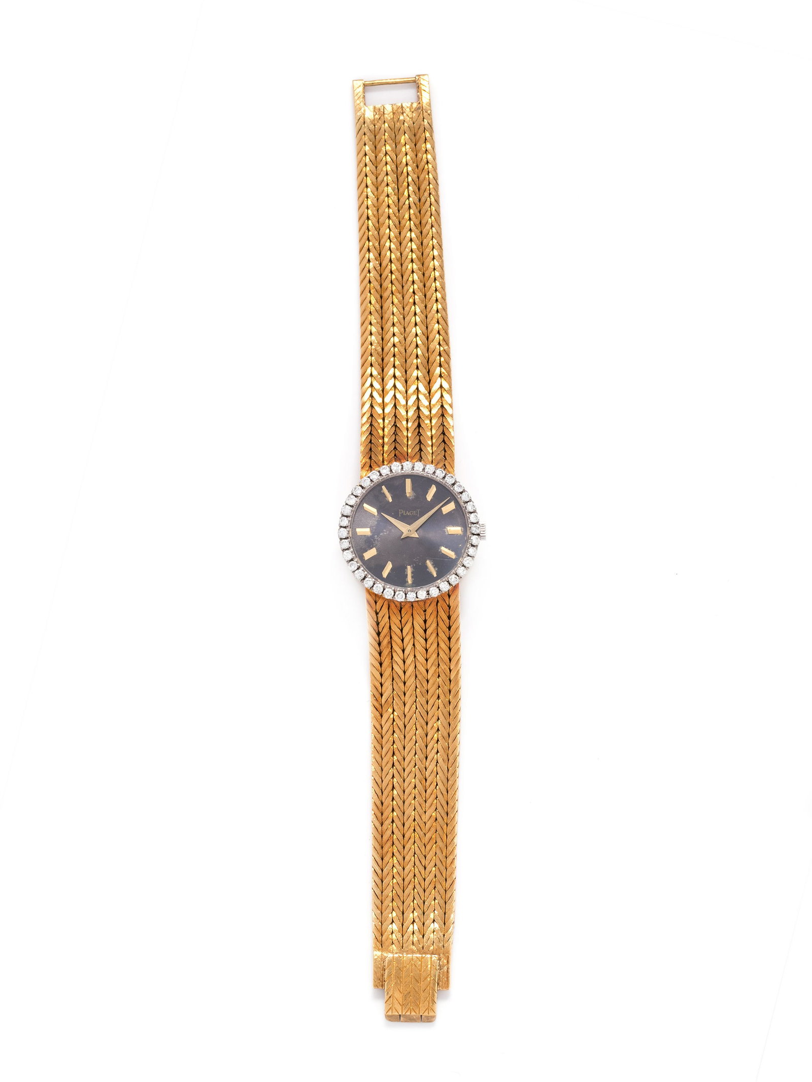PIAGET, YELLOW GOLD AND DIAMOND WRISTWATCH: PIAGET, YELLOW GOLD AND DIAMOND WRISTWATCH The bezel containing 36 round brilliant cut diamonds weighing approximately 0.25 carat total, 24.00 mm case diameter, blackened gold dial, applied baton nume