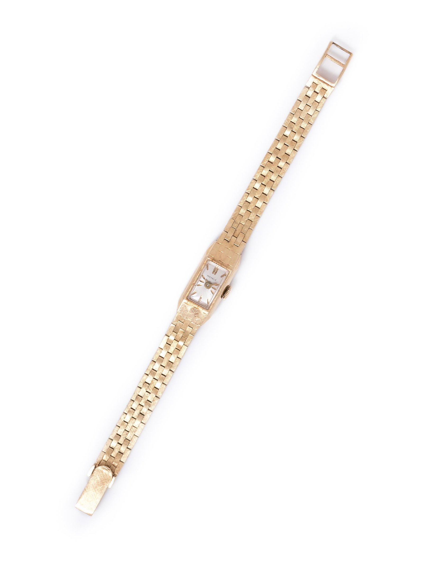 MICHELE, 14K YELLOW GOLD WRISTWATCH: MICHELE, 14K YELLOW GOLD WRISTWATCH 23.00 x 10.00 mm case dimensions, matte silvered dial, applied gold baton numerals, 17 jewel movement signed BELVIL WATCH Co, integrated Florentine finish brick lin