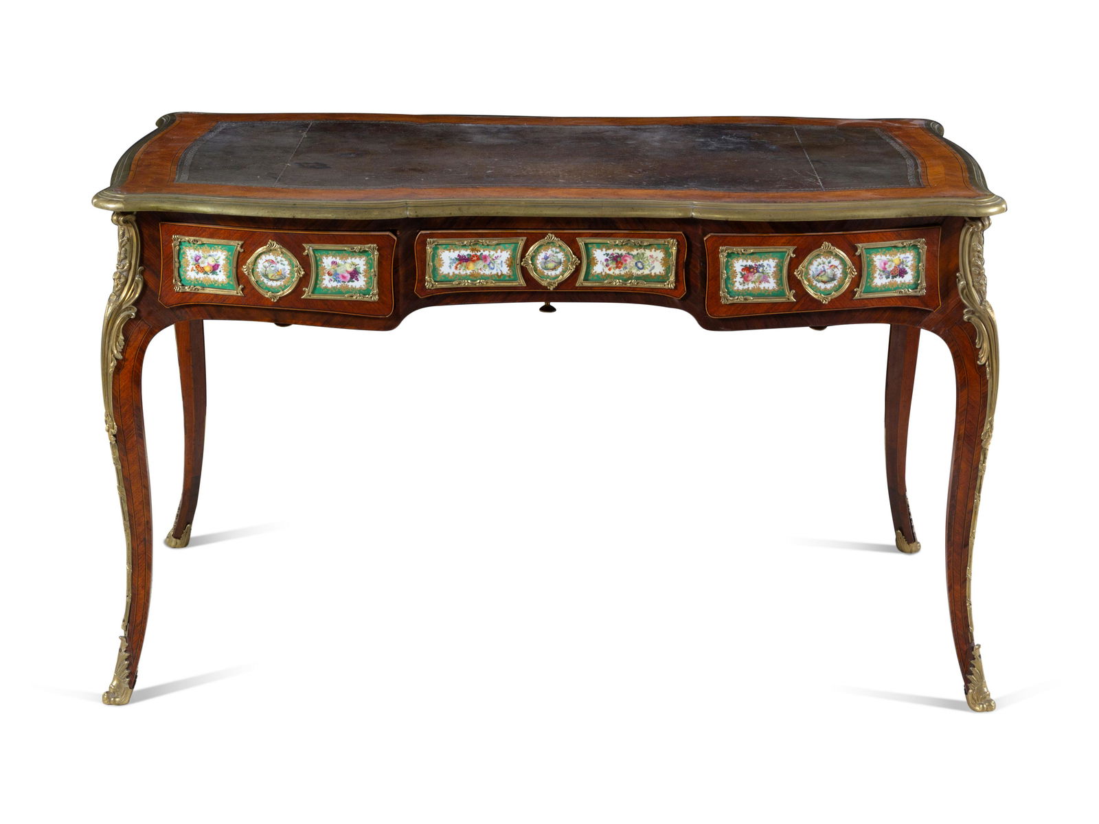 A Louis XV Style Gilt Bronze and Sevres Style Porcelain: A Louis XV Style Gilt Bronze and Sevres Style Porcelain Mounted Kingwood Bureau Plat Edward Holmes Baldock, 19th Century with a tooled leather-inset top, the underside branded EHB. Height 29 1/2 x wid
