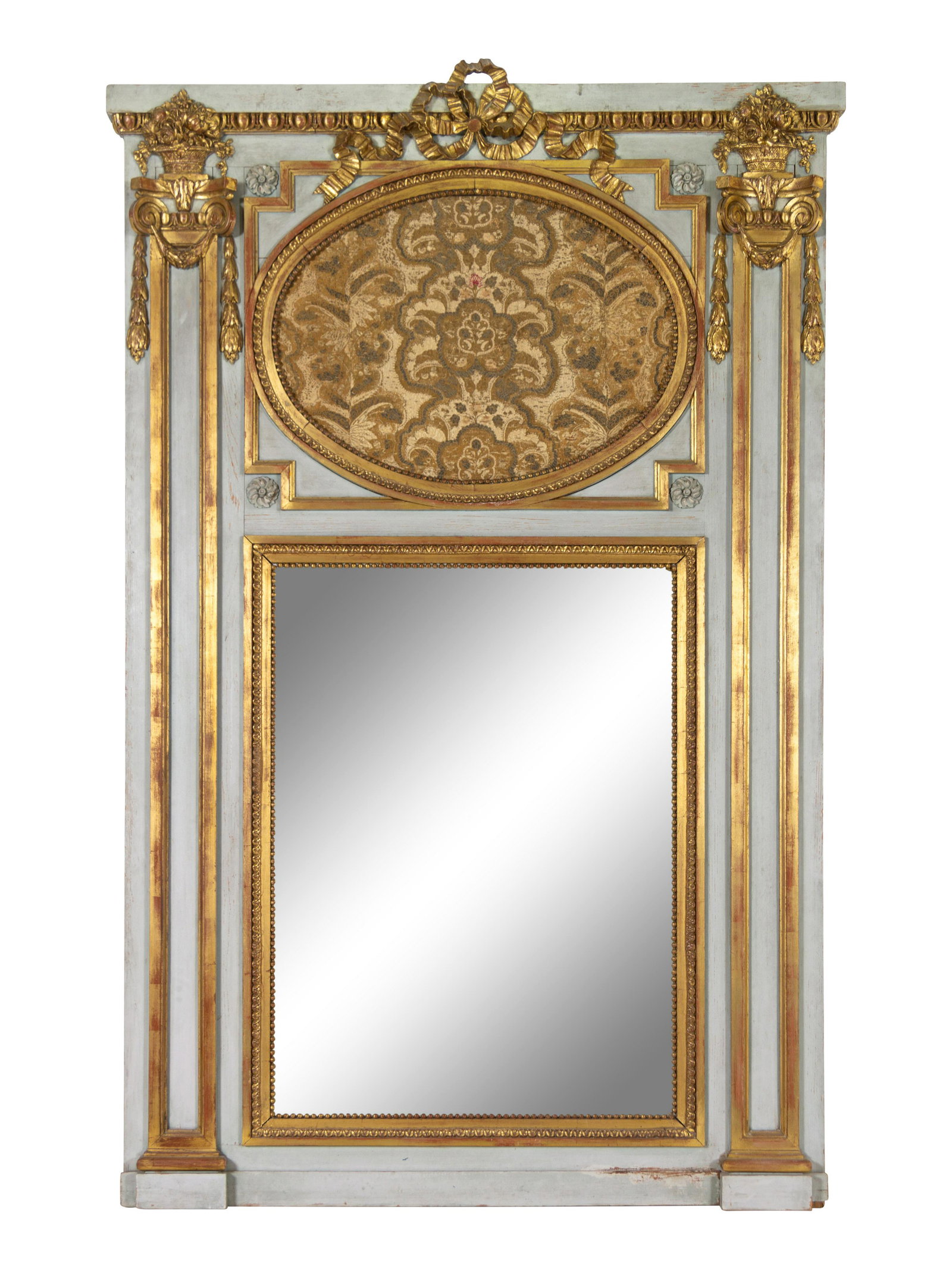A Louis XVI Style Painted and Parcel Gilt Trumeau: A Louis XVI Style Painted and Parcel Gilt Trumeau Mirror First Half 20th Century Height 82 1/2 x width 52 1/2 inches.