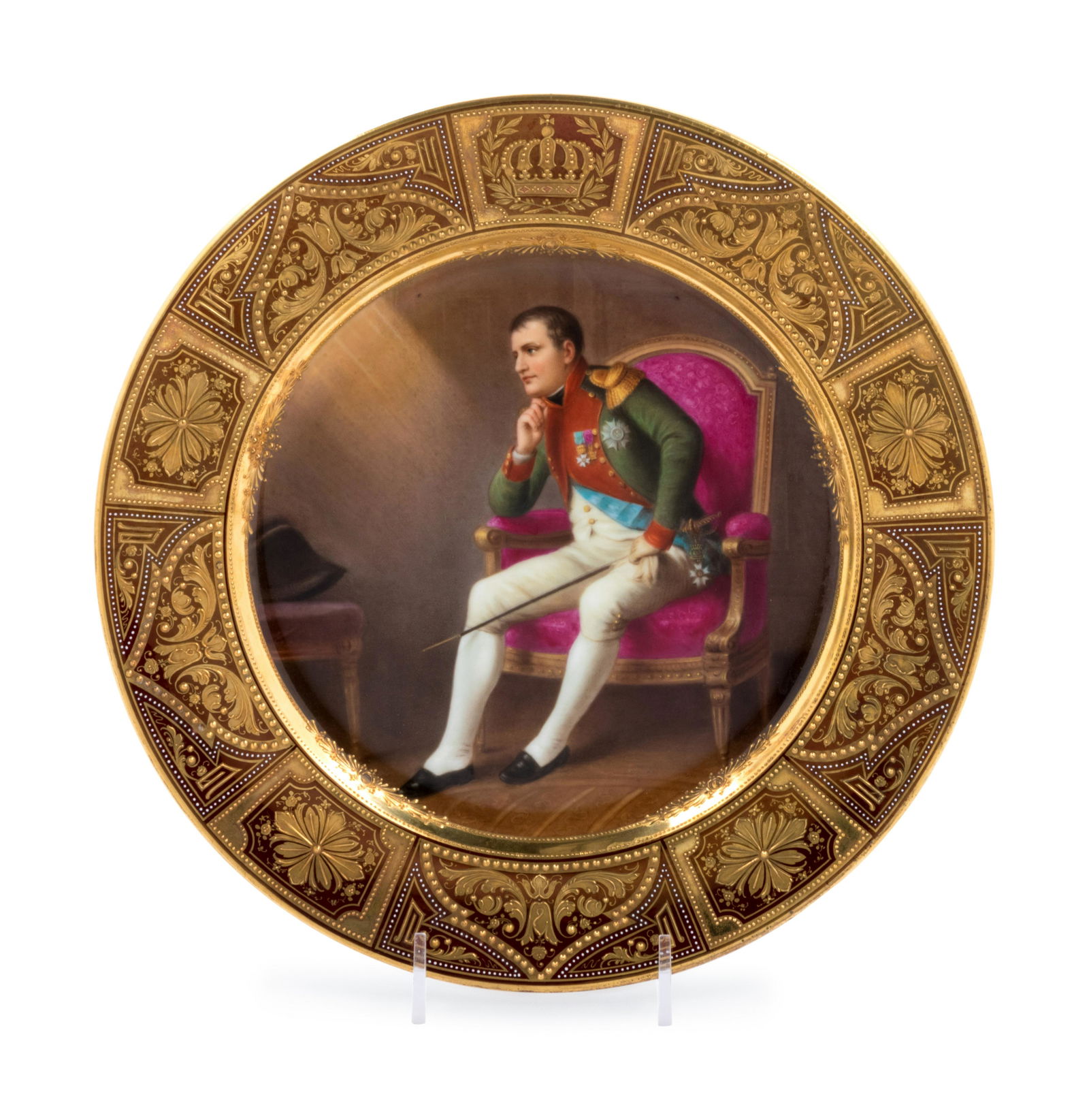 A German Painted and Parcel Gilt Napoleonic Porcelain: A German Painted and Parcel Gilt Napoleonic Porcelain Cabinet Plate 19th Century Napoleon im Kreml zu Moskau (Napoleon in the Moscow Kremlin), titled, numbered 8833 and marked Germany in underglaze