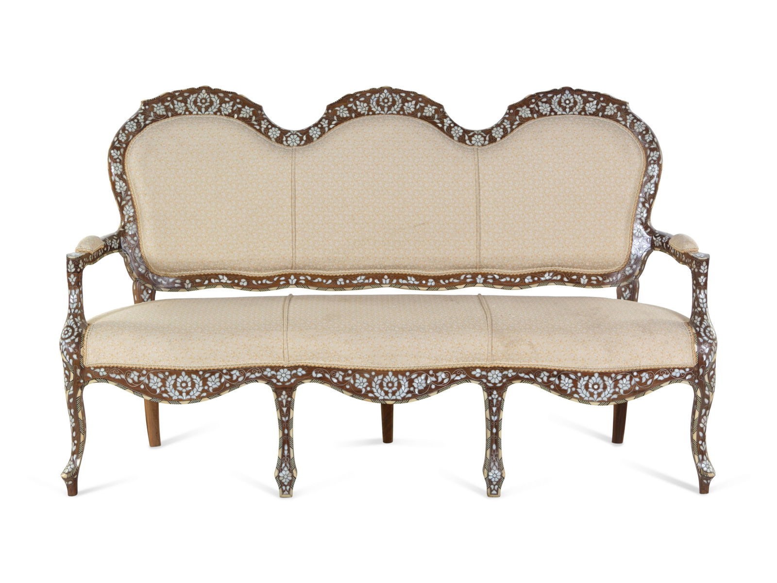 A Syrian Mother-of-Pearl and Metal Inlaid Walnut Settee (1 of 4)