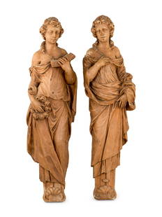 A Pair of Terra Cotta Corbel Figures: A Pair of Terra Cotta Corbel Figures Josephine Mead (American, 1919-2000) each signed Jo Mead to the side. Height 59 x width 10 1/2 x depth 18 inches.