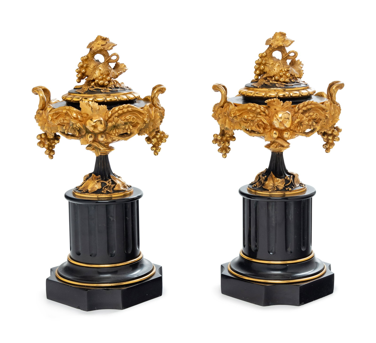 A Pair of French Gilt and Patinated Bronze and Marble: A Pair of French Gilt and Patinated Bronze and Marble Compotes Late 19th/Early 20th Century Height 12 inches. Property from the Collection of Don and Carolyn Kirkpatrick, Little Rock, Arkansas