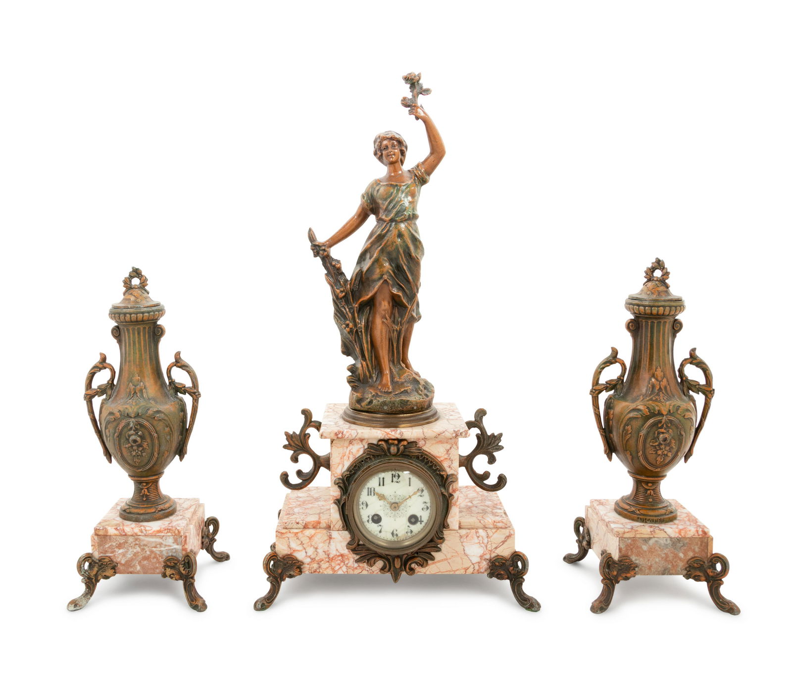 A French Cast Metal and Marble Clock Garniture (1 of 3)