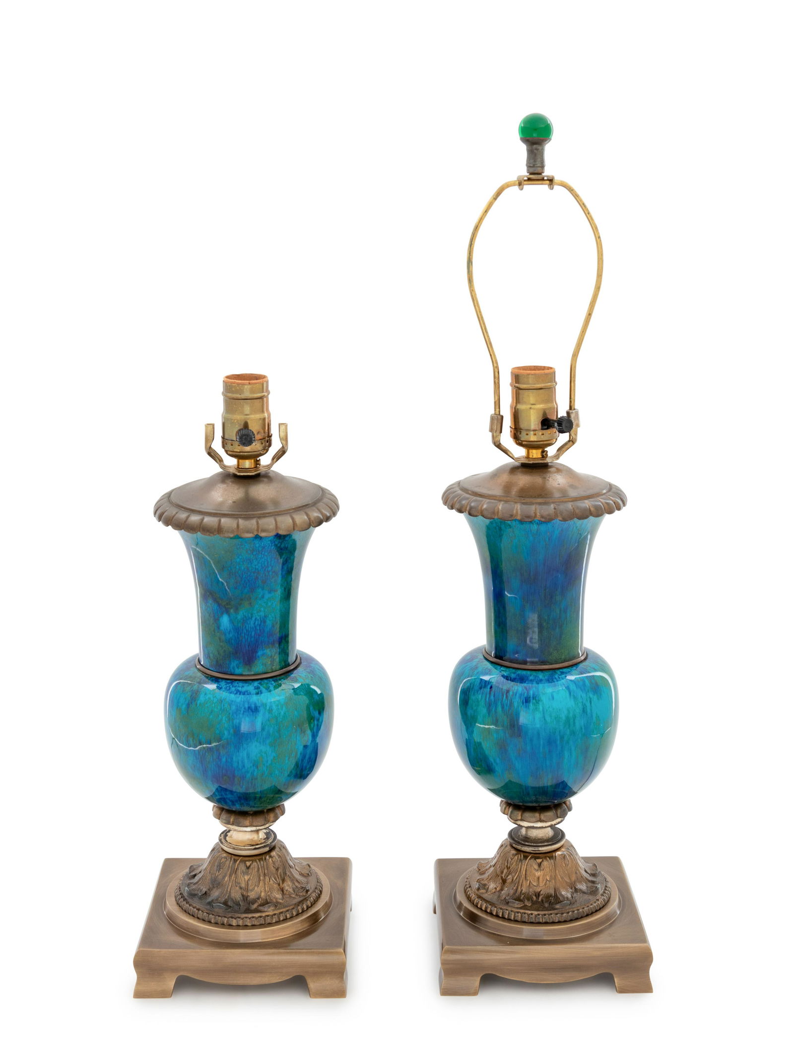 A Pair of French Turquoise and Green Glazed Urn Lamps (1 of 2)