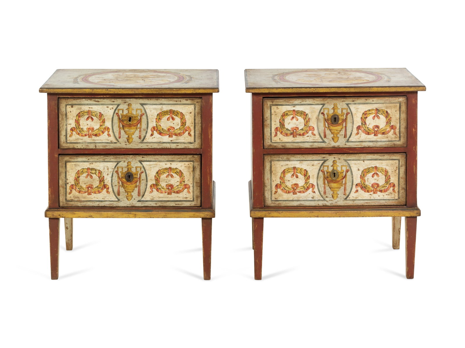 A Pair of Italian Painted Nightstands: A Pair of Italian Painted Nightstands 20th Century Height 29 1/4 x width 26 1/4 x depth 16 3/8 inches. Property from the Collection of Don and Carolyn Kirkpatrick, Little Rock, Arkansas