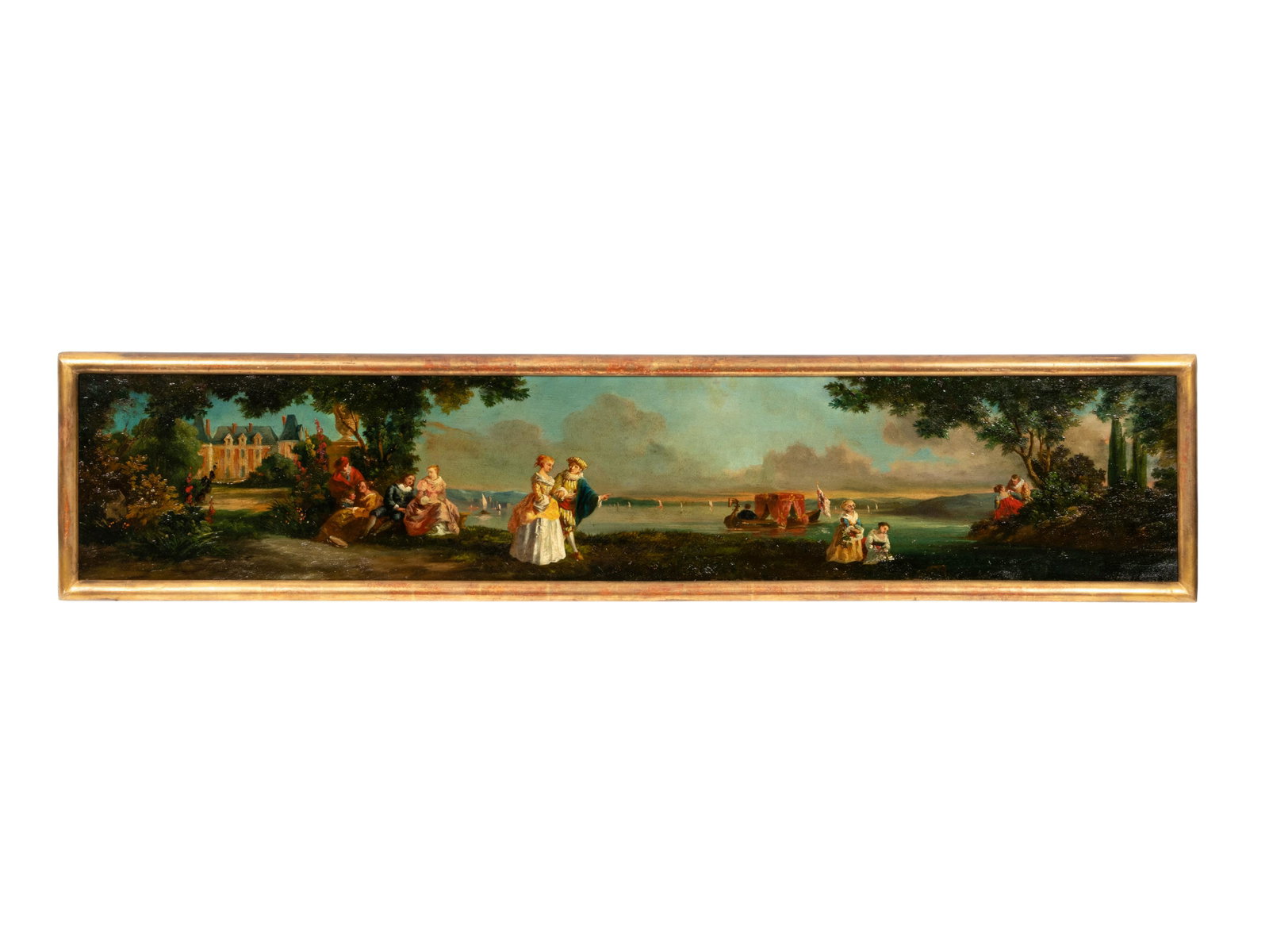 Continental School, 19th Century: Continental School, 19th Century Figures Beside a Lake oil on panel 10 3/4 x 52 1/4 inches.