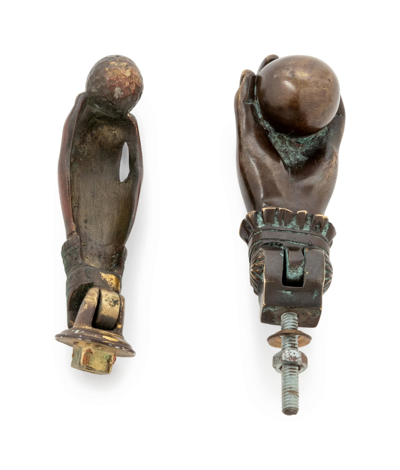 A Pair of Bronze Hand-and-Ball Door Knockers: A Pair of Bronze Hand-and-Ball Door Knockers Length of longer example 4 1/2 inches. Property from a Private Collector, Bethesda, Maryland