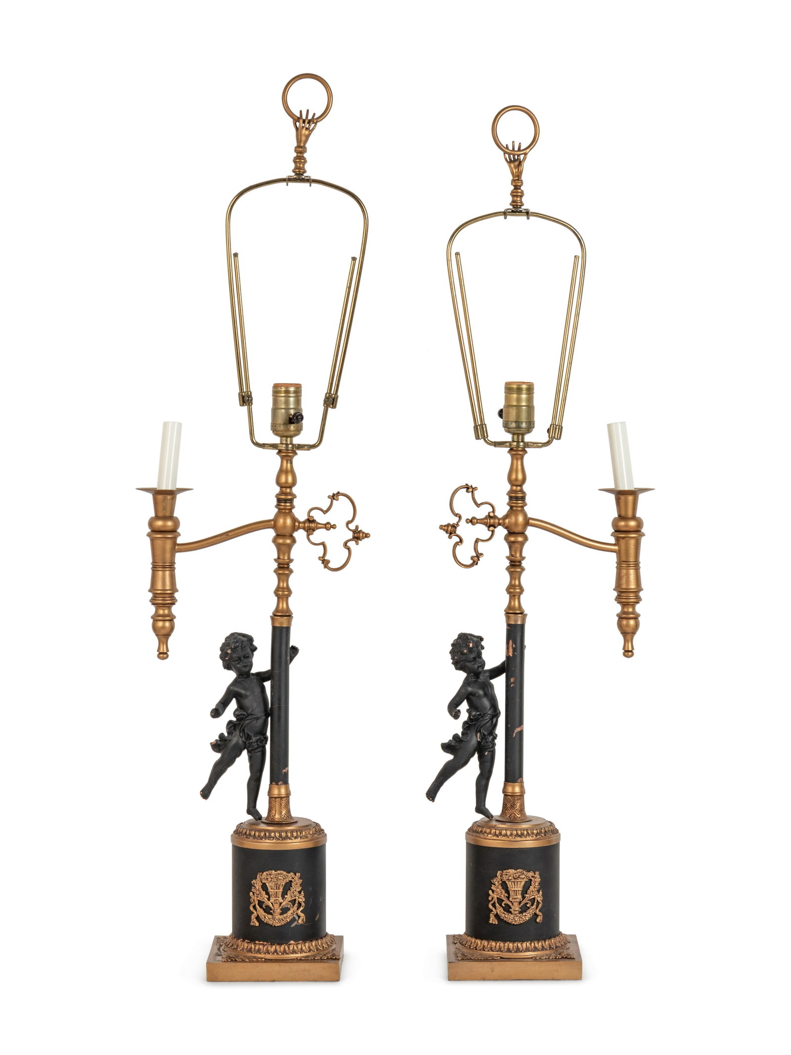 A Pair of Continental Gilt and Patinated Cast Metal: A Pair of Continental Gilt and Patinated Cast Metal Single-Light Candelabra Mounted as Lamps 19th Century Height overall 22 1/2 inches.
