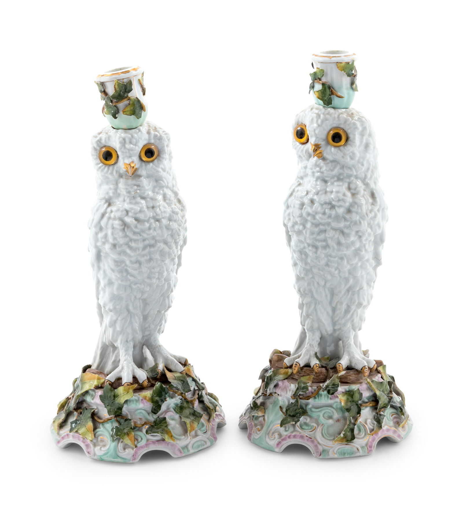 A Pair of Continental Owl-Form Porcelain Candlesticks (1 of 2)
