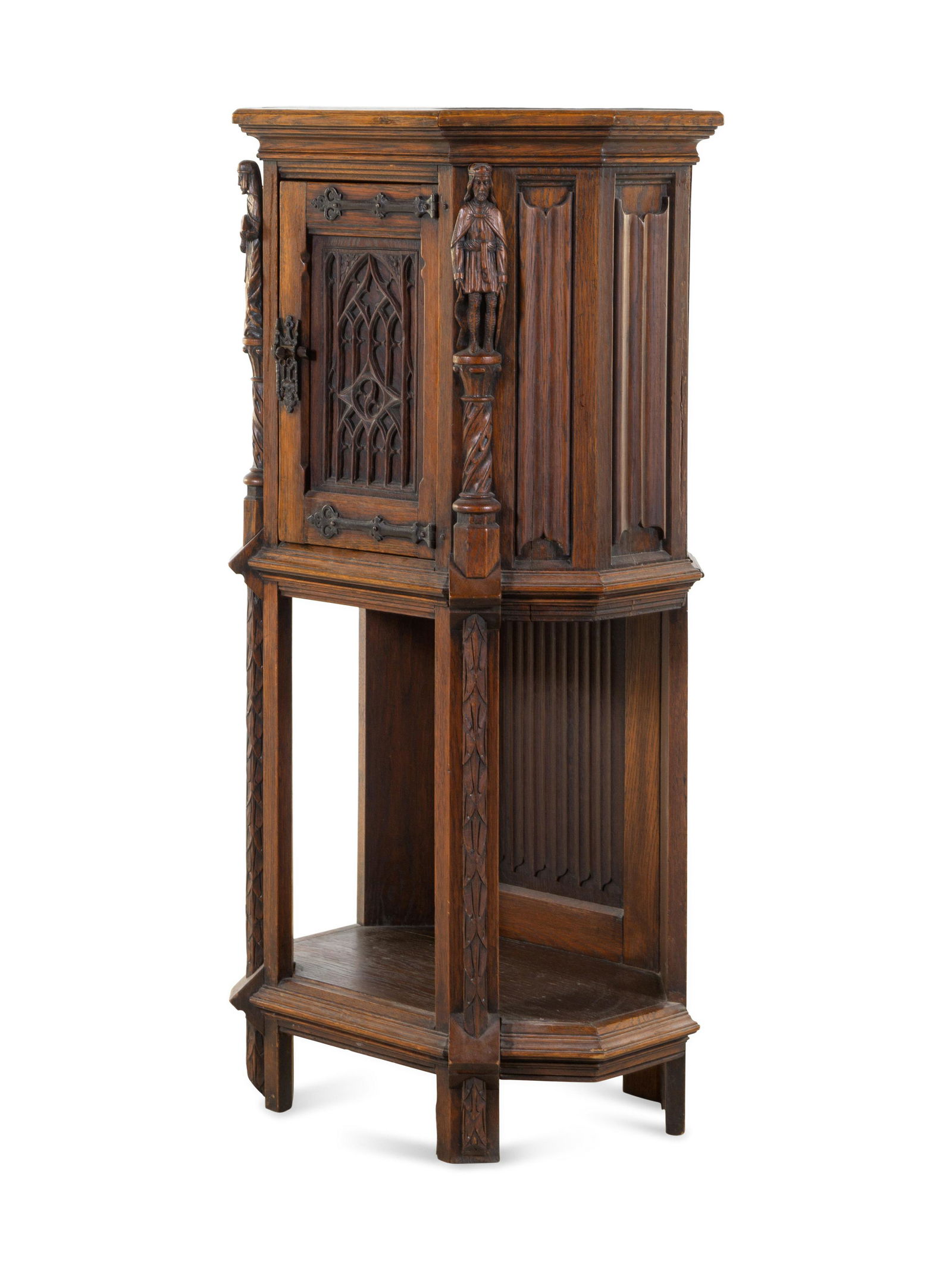 Gothic Revival Carved Oak Single Door Cabinet with Drawer