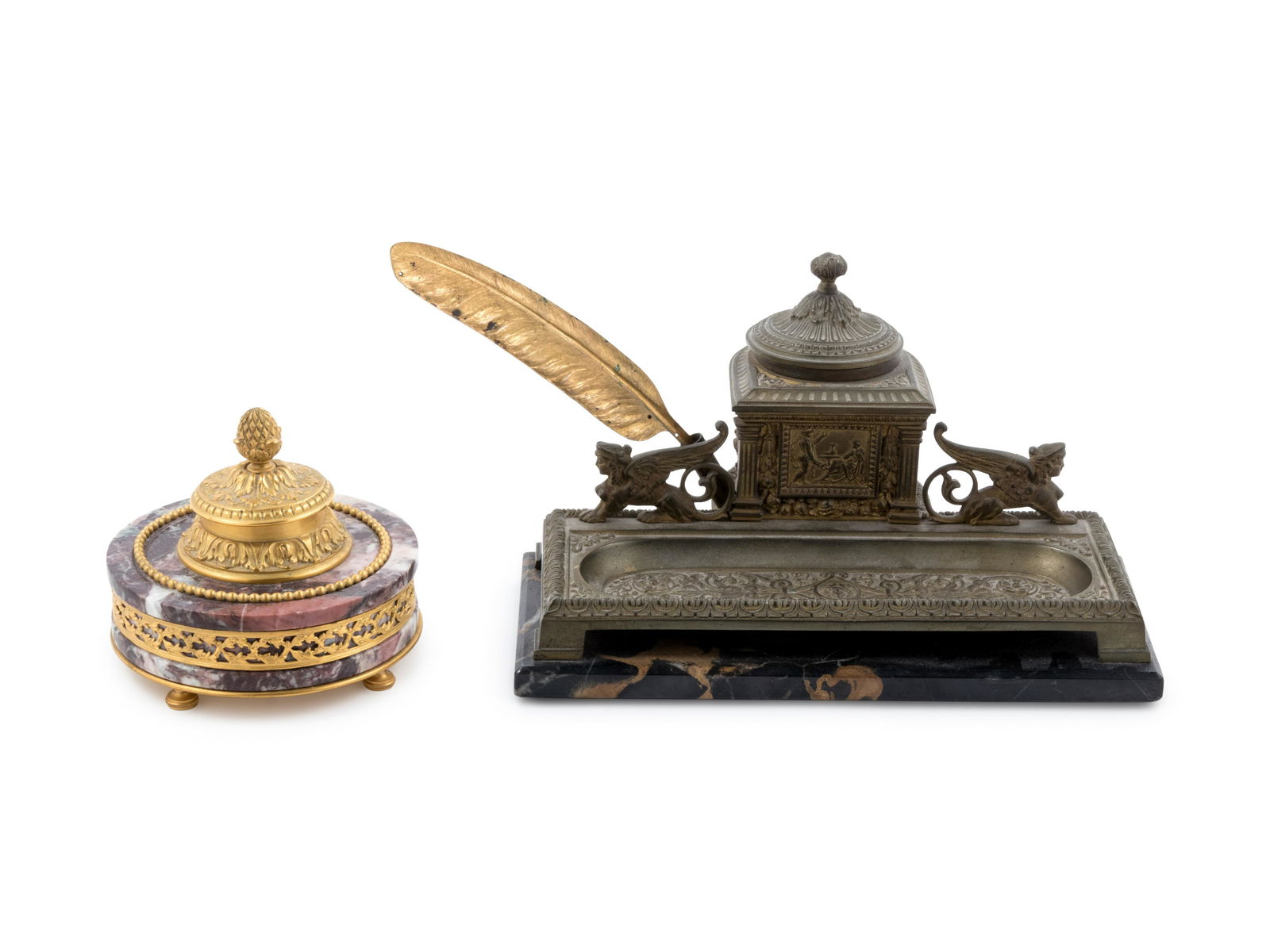Two Continental Bronze and Marble Inkwells (1 of 2)
