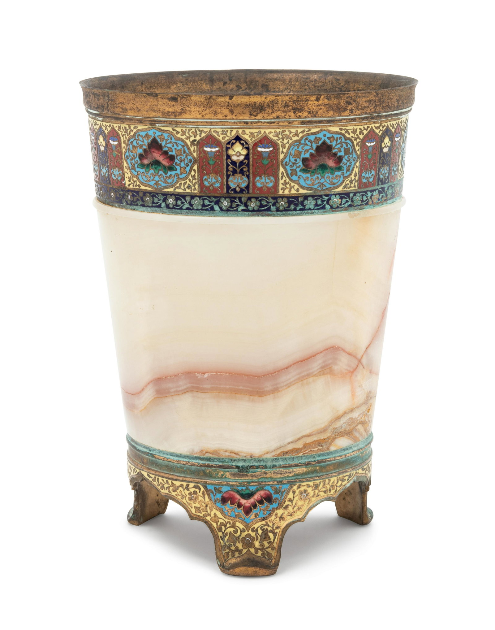 A Champleve Mounted Onyx Jardiniere: A Champleve Mounted Onyx Jardiniere Late 19th Century Height 8 1/4 inches.