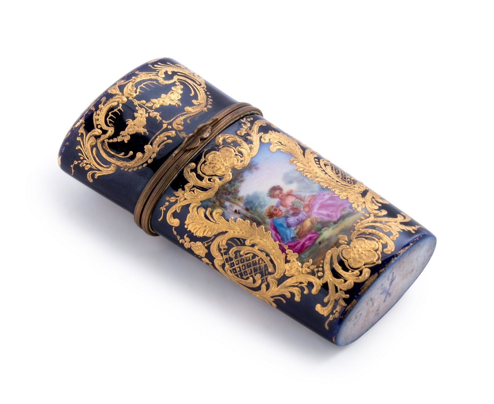 A German Painted and Parcel Gilt Cobalt-Ground: A German Painted and Parcel Gilt Cobalt-Ground Porcelain Necessaire 19th Century bearing a crossed arrow mark in underglaze blue to the underside. Height 4 1/2 inches. Property from a Private Collecto