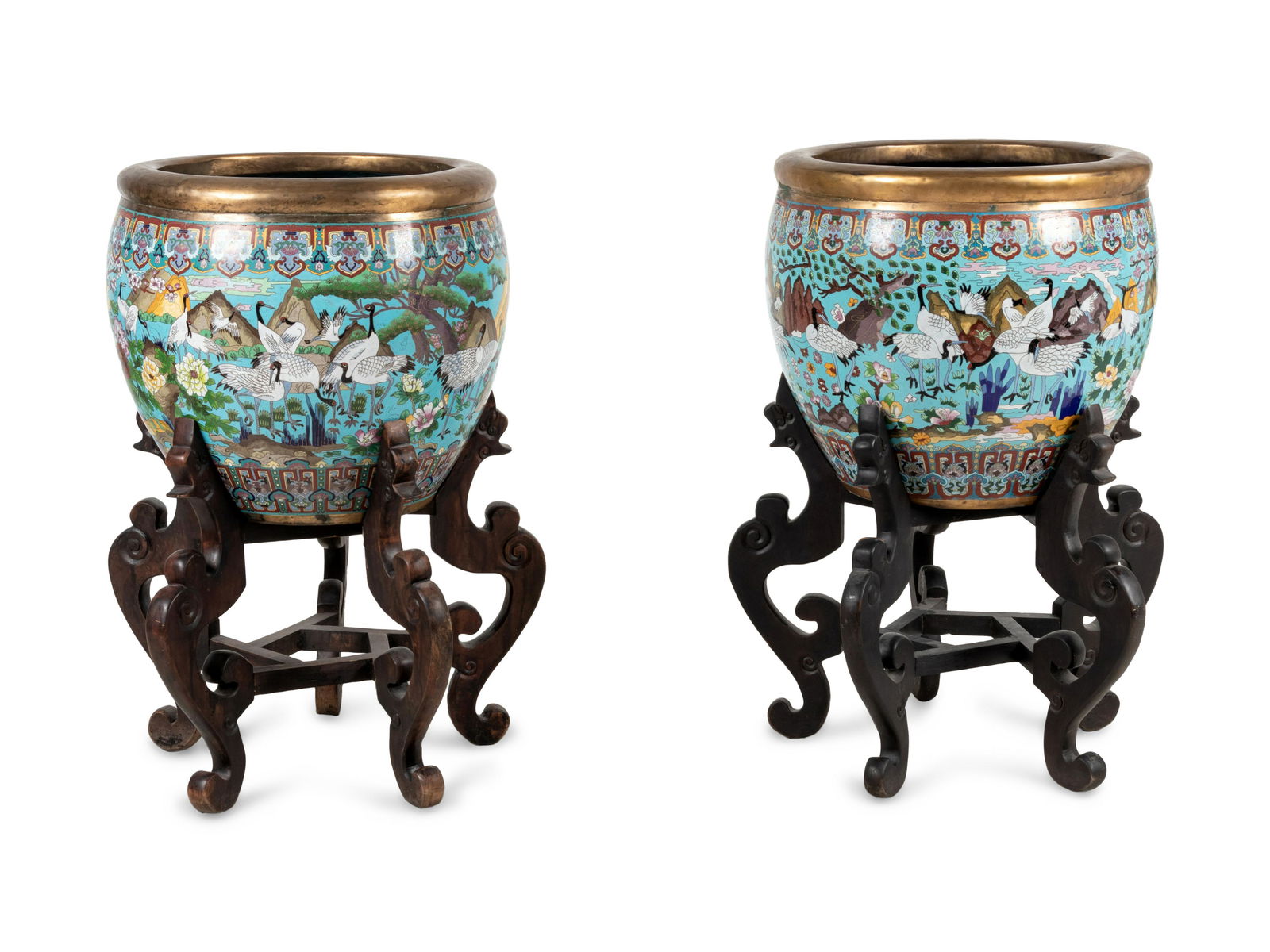 A Pair of Chinese Cloisonne Urns on Wood Stands (1 of 5)