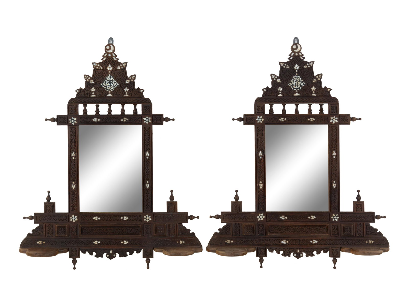 A Pair of Syrian Mother-of-Pearl Inlaid Walnut Mirrored: A Pair of Syrian Mother-of-Pearl Inlaid Walnut Mirrored Lantern Shelves 20th Century Height 26 1/2 x width 23 inches. Property sold to benefit Karam Foundation, providing education, aid and sustainabl