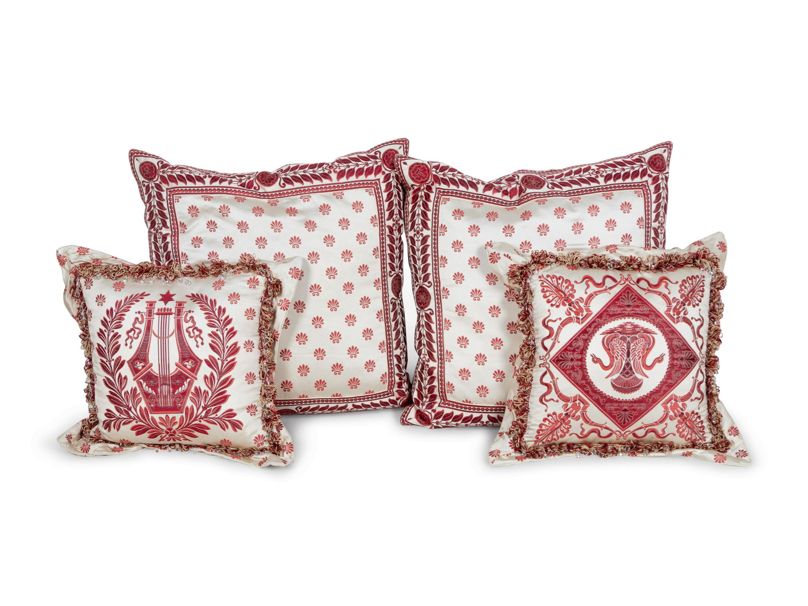 Four Red and White Figural Silk Pillows (1 of 1)