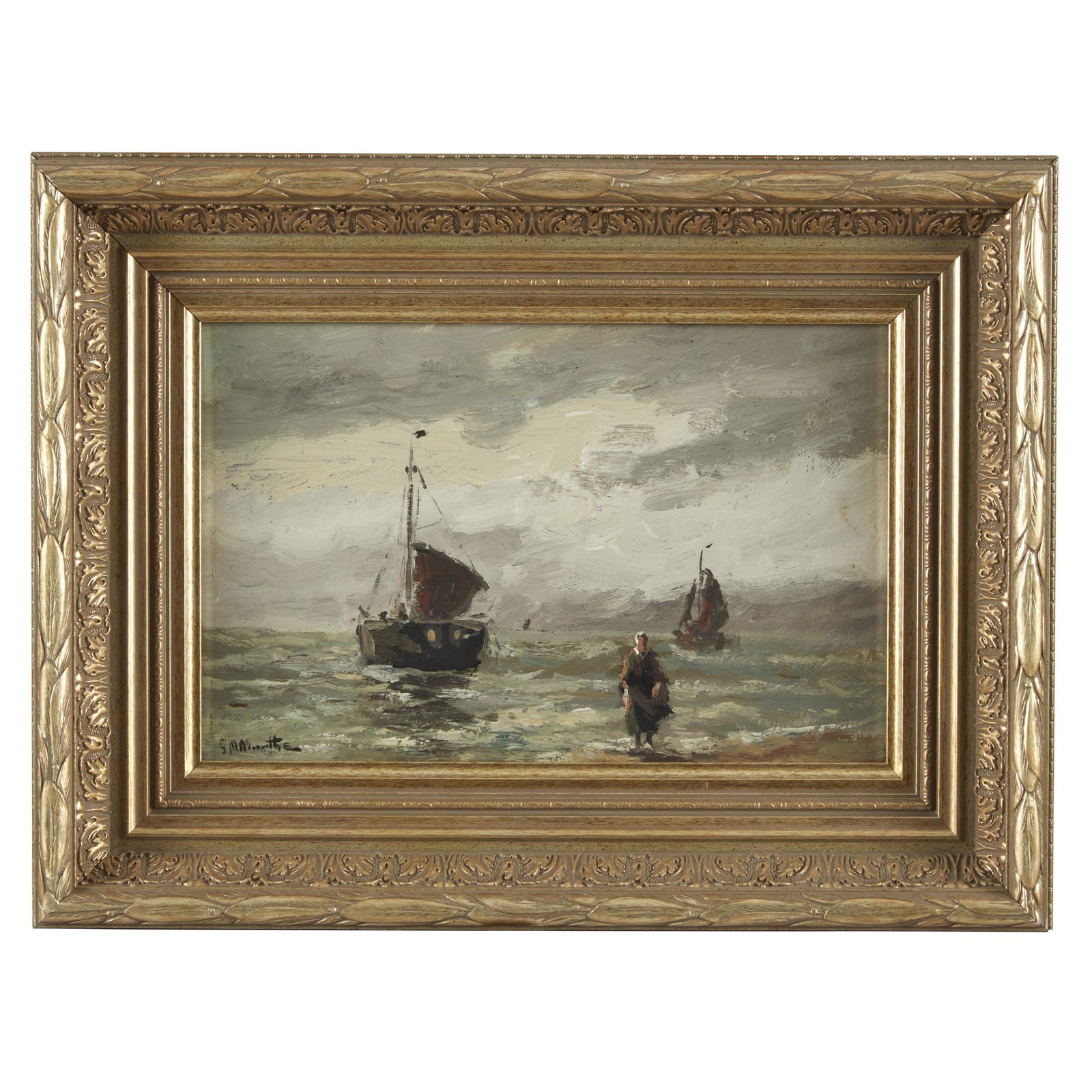 Gerhard Arij Ludwig Morgenstjerne Munthe (Dutch,: Gerhard Arij Ludwig Morgenstjerne Munthe (Dutch, 1875-1927)Boats and Fisherwoman along the CoastSigned 'G.M. Munthe' bottom left, oil on panel7 15/16 x 11 7/8 in. (20.1 x 30.1cm)PROVENANCE:Private Col