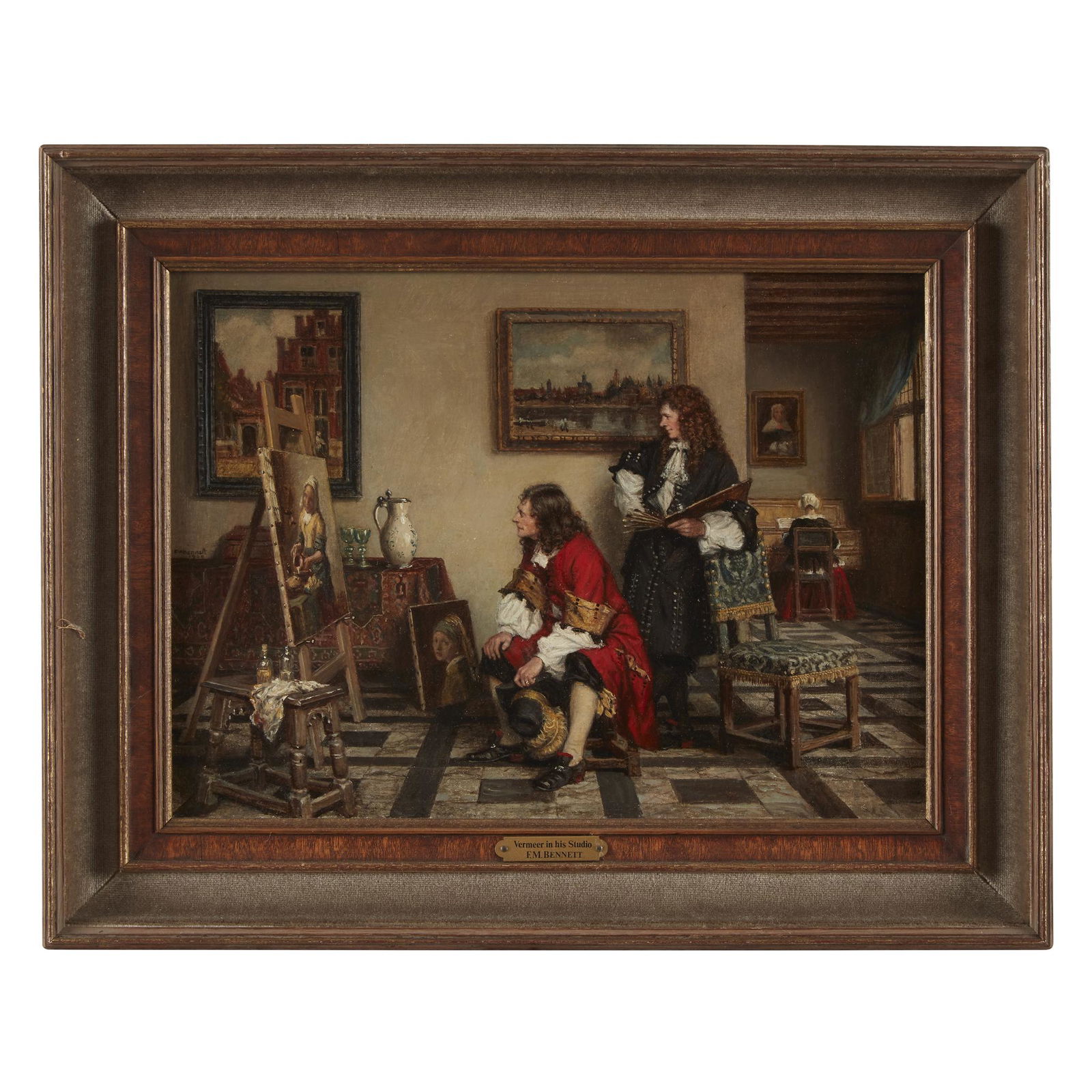Frank Moss Bennett (British, 1874-1953), , Vermeer in: Frank Moss Bennett (British, 1874-1953)Vermeer in His StudioSigned and dated 'F.M. Bennett 1948' center left, oil on canvas10 x 14 in. (25.4 x 35.6cm)PROVENANCE:Williams & Son, London, United Kingdom.