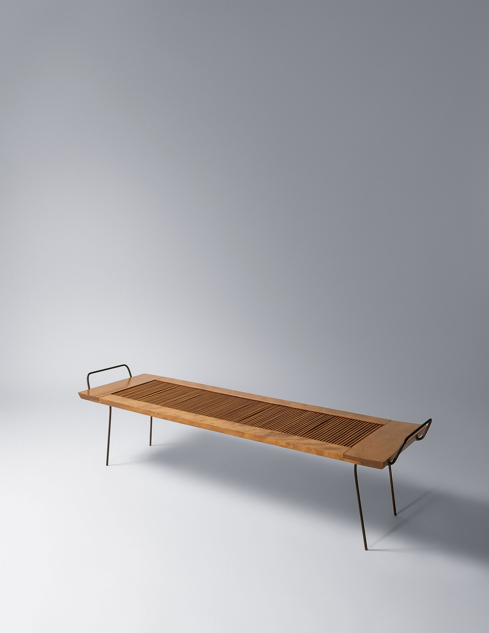 William Katavolos, Ross Littell and Douglas Kelley,: William Katavolos, Ross Littell and Douglas Kelley, Attribution 20th Century Dowl Slat Bench birch, enameled steel 15 1/2 x 55 x 16 1/4 inches. For condition inquiries please contact Nathan Brady at n