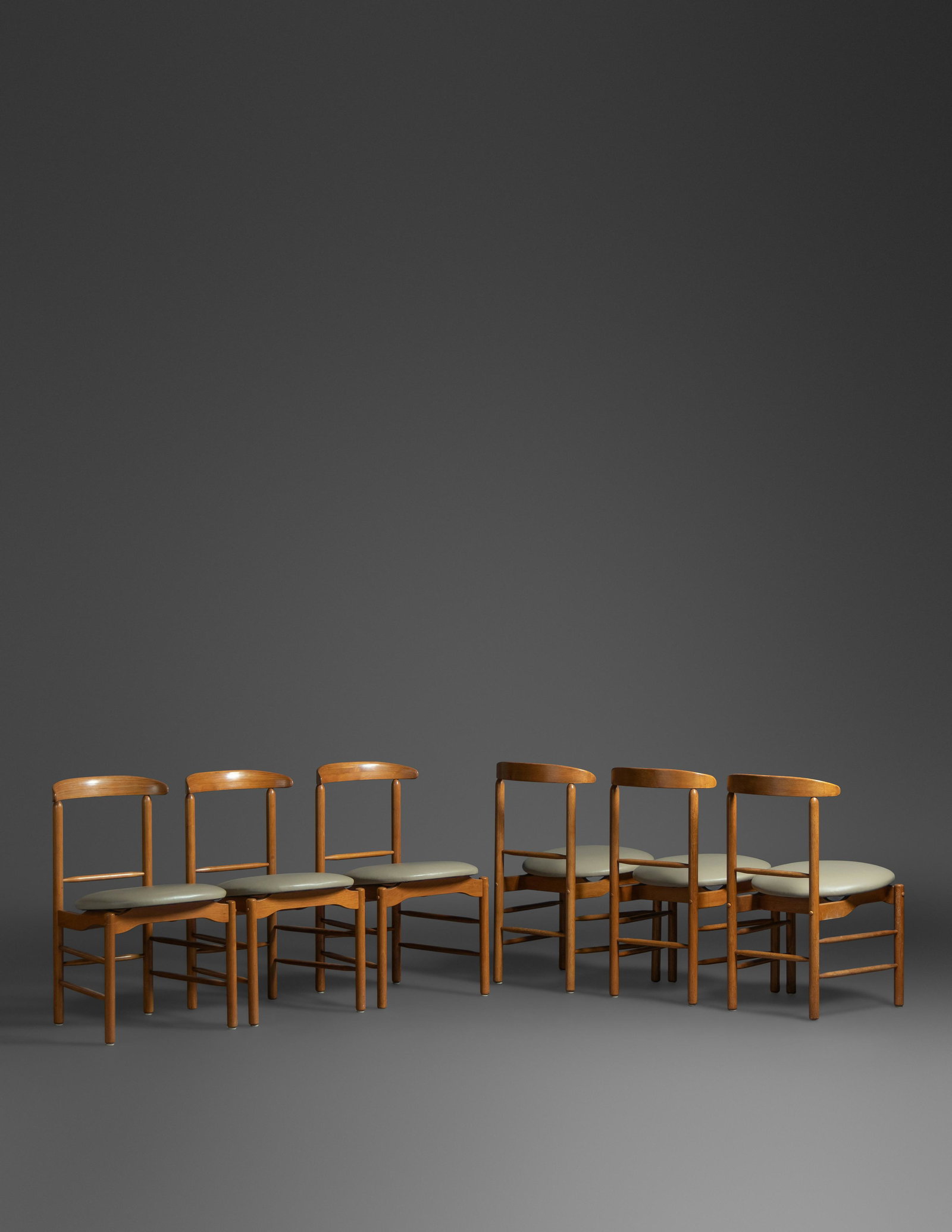 Greta Magnusson Grossman (Swedish, 1906-1999) Set of: Greta Magnusson Grossman (Swedish, 1906-1999) Set of Six Dining Chairs, Glenn of California, USA bleached walnut, leather unmarked 29 3/4 x 17 1/2 x 19 inches. For condition inquiries please contact N