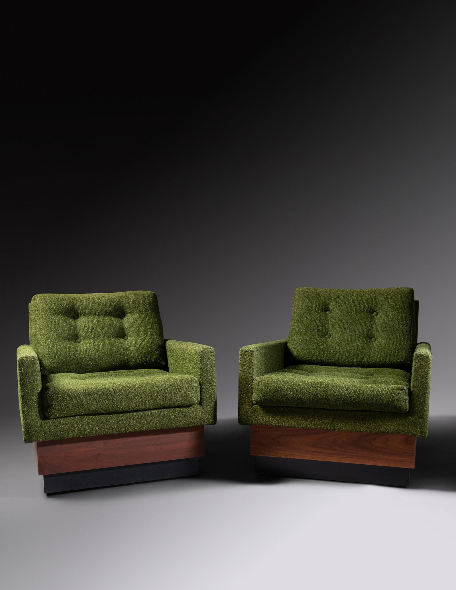 Adrian Pearsall (American, 1925-2011) Pair of Lounge: Adrian Pearsall (American, 1925-2011) Pair of Lounge Chairs, Craft Associates, USA upholstery, walnut, ebonized walnut manufacturer's paper label to seat cushion 32 x 30.5 x 32 inches. For condition i