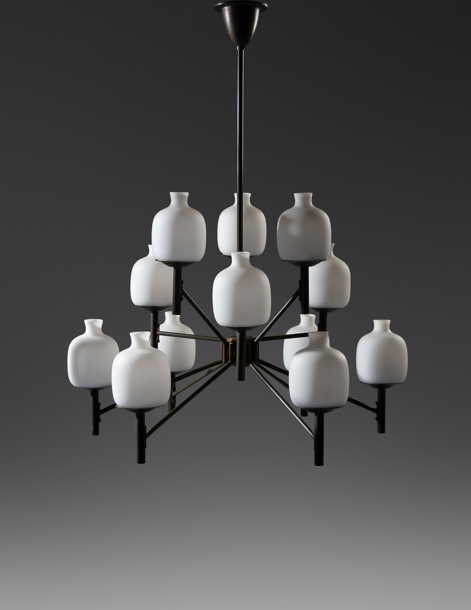 Arredoluce Italy, Mid 20th Century Chandelier: Arredoluce Italy, Mid 20th Century Chandelier lacquered and enameled brass, frosted glass manufacturer's label to interior of ceiling cap 40 x 28 x 28 inches. For condition inquiries please contact Na