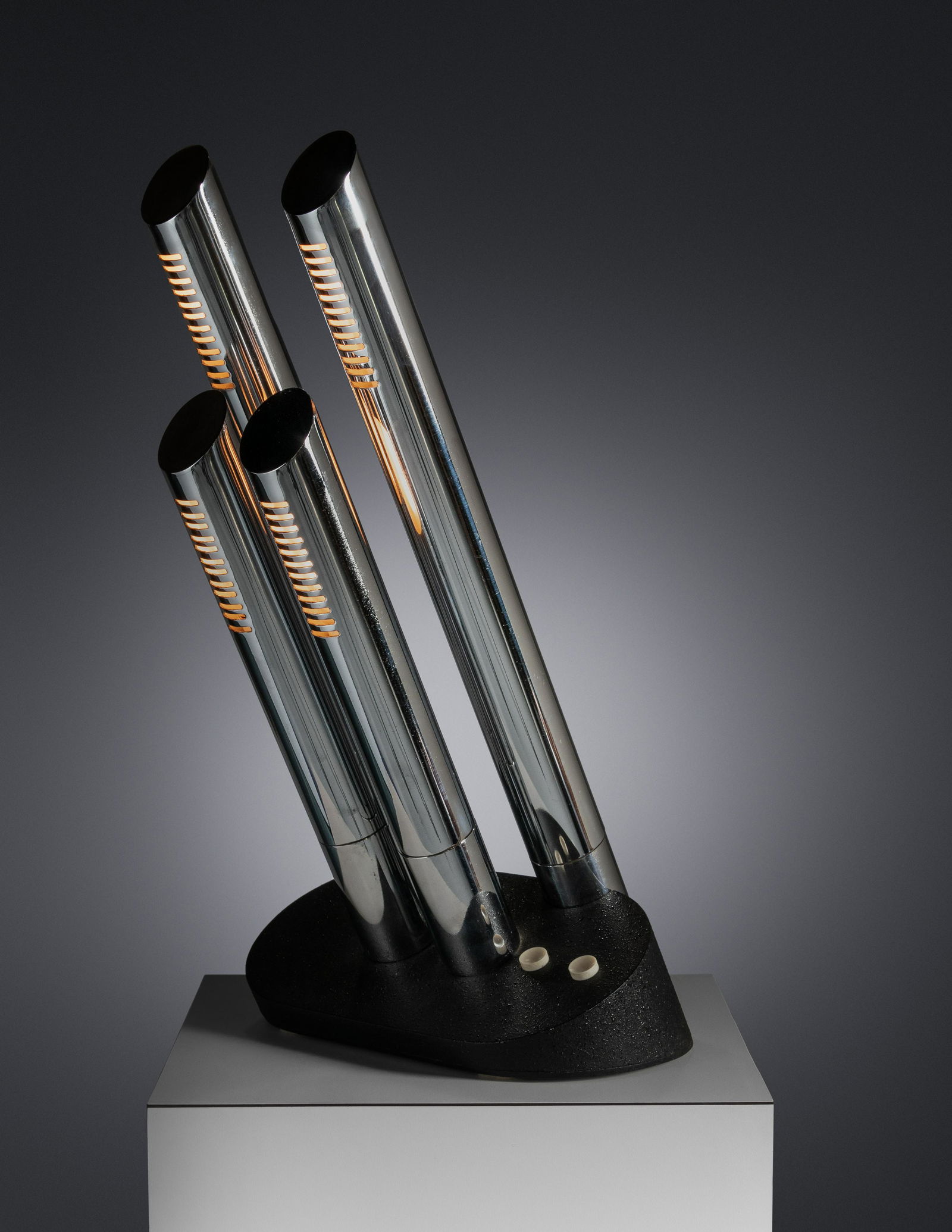 Gianfranco Frattini (Italian, 1926-2004) Table Lamp,: Gianfranco Frattini (Italian, 1926-2004) Table Lamp, Luci, Italy chrome-plated and enameled steel impressed manufacturer's stamp to underside 17 x 9 1/4 x 6 1/2 inches. For condition inquiries please