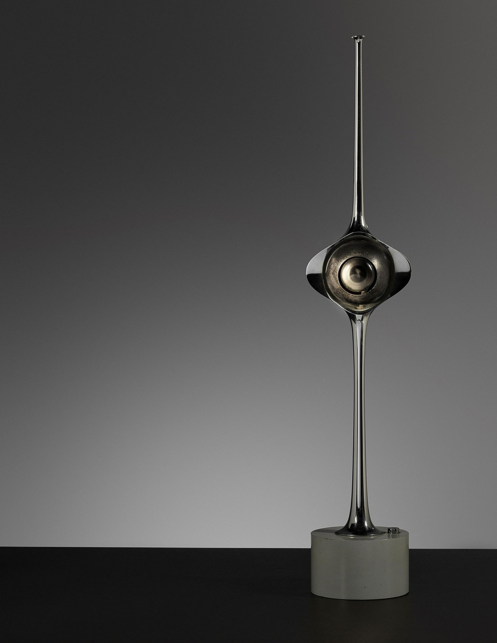 Angelo Lelii (Italian, 1915-1979) Cobra Table Lamp,: Angelo Lelii (Italian, 1915-1979) Cobra Table Lamp, Arredoluce, Italy chrome-plated and enameled steel manufacturer's paper label to underside 24 1/2 x 4 1/2 x 5 inches. For condition inquiries please