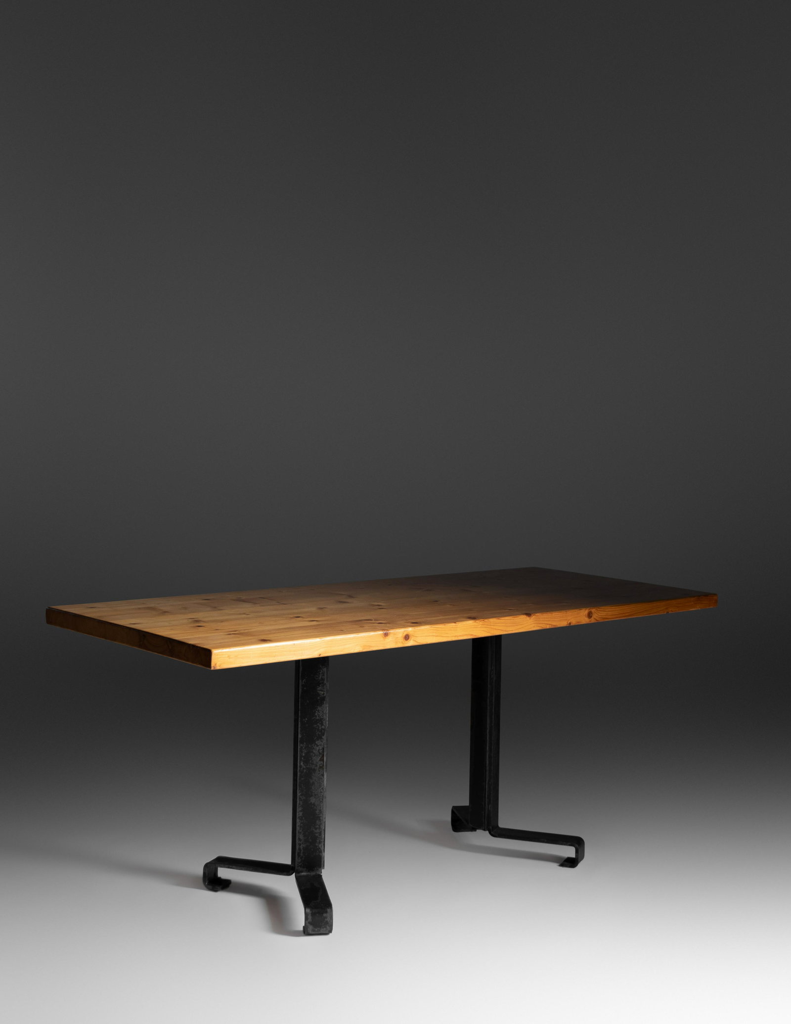 Charlotte Perriand (French, 1903-1999) Dining: Charlotte Perriand (French, 1903-1999) Dining Table pine, enameled steel unmarked 25 3/4 x 59 x 25 inches. For condition inquiries please contact Nathan Brady at nathanbrady@hindmanauctions.com