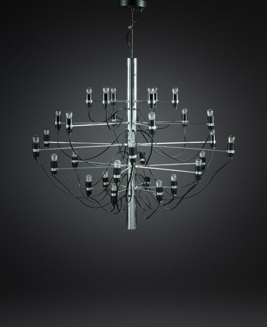 Gino Sarfatti (Italian, 1912-1985) Chandelier, FLOS,: Gino Sarfatti (Italian, 1912-1985) Chandelier, FLOS, Italy chrome-plated steel, plastic manufacturer's label to top edge 28 x 34 1/2 x 34 1/2 inches. For condition inquiries please contact Nathan Brad