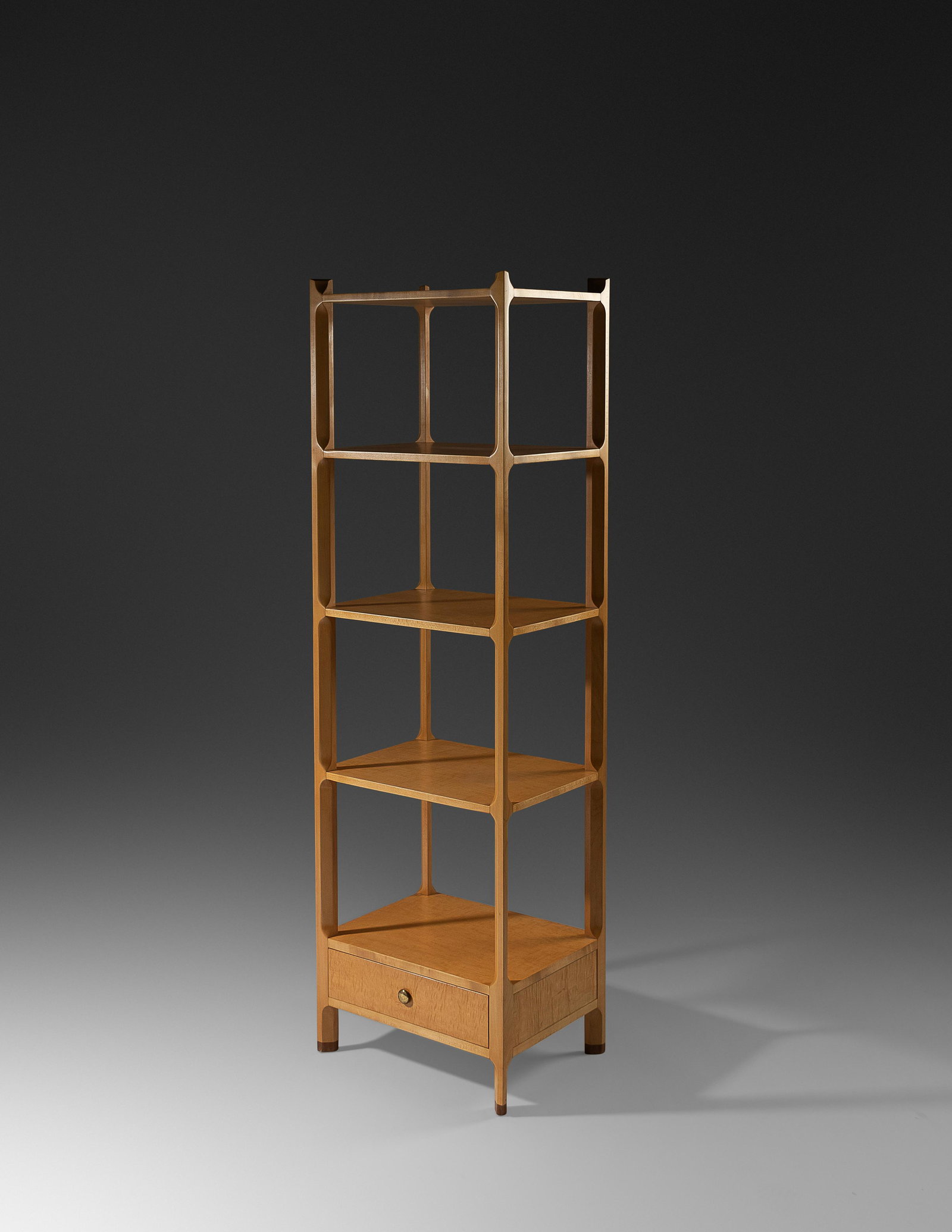After Edward Wormley American, Early 21st Century: After Edward Wormley American, Early 21st Century Etagere with Drawer, Indiana for Modern, USA maple, walnut, brass 61 1/4 x 18 x 14 inches. For condition inquiries please contact Nathan Brady at nath