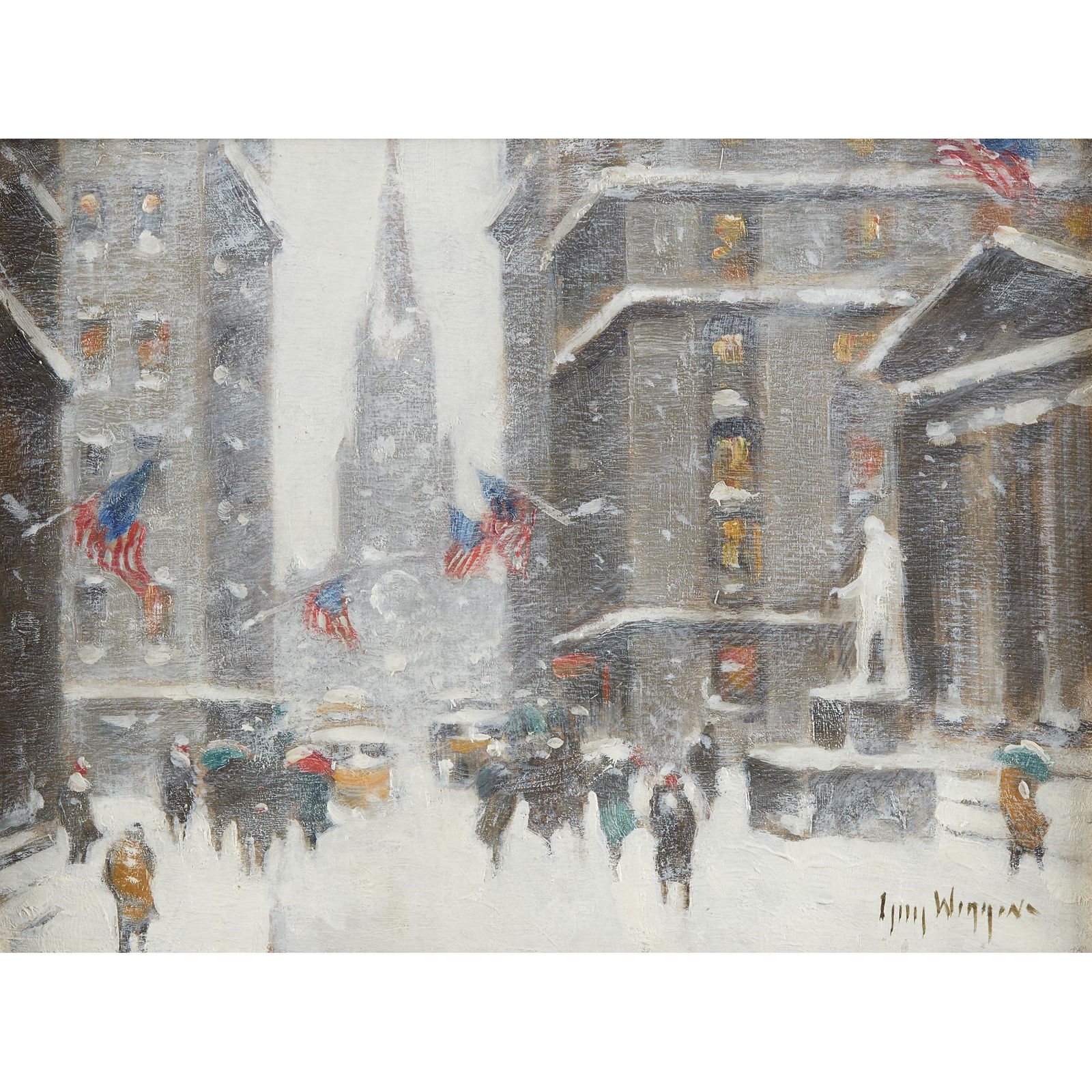 Guy Carleton Wiggins (American, 1883–1962), , Wall: Guy Carleton Wiggins (American, 1883–1962)Wall Street WinterSigned 'Guy Wiggins' bottom right; also titled and signed verso, oil on board11 1/2 x 15 in. (29.2 x 38.1cm)PROVENANCE:Questroyal Fine Art