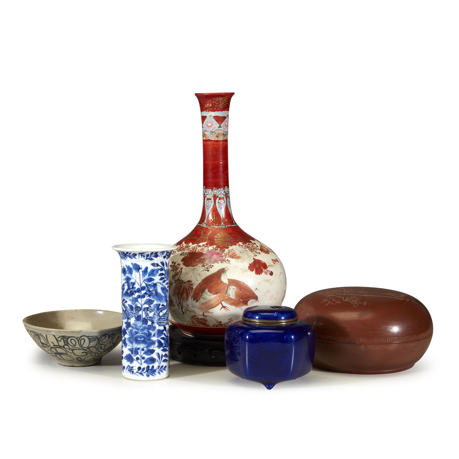 Group of four Asian ceramics and blue enamel censer, (1 of 1)
