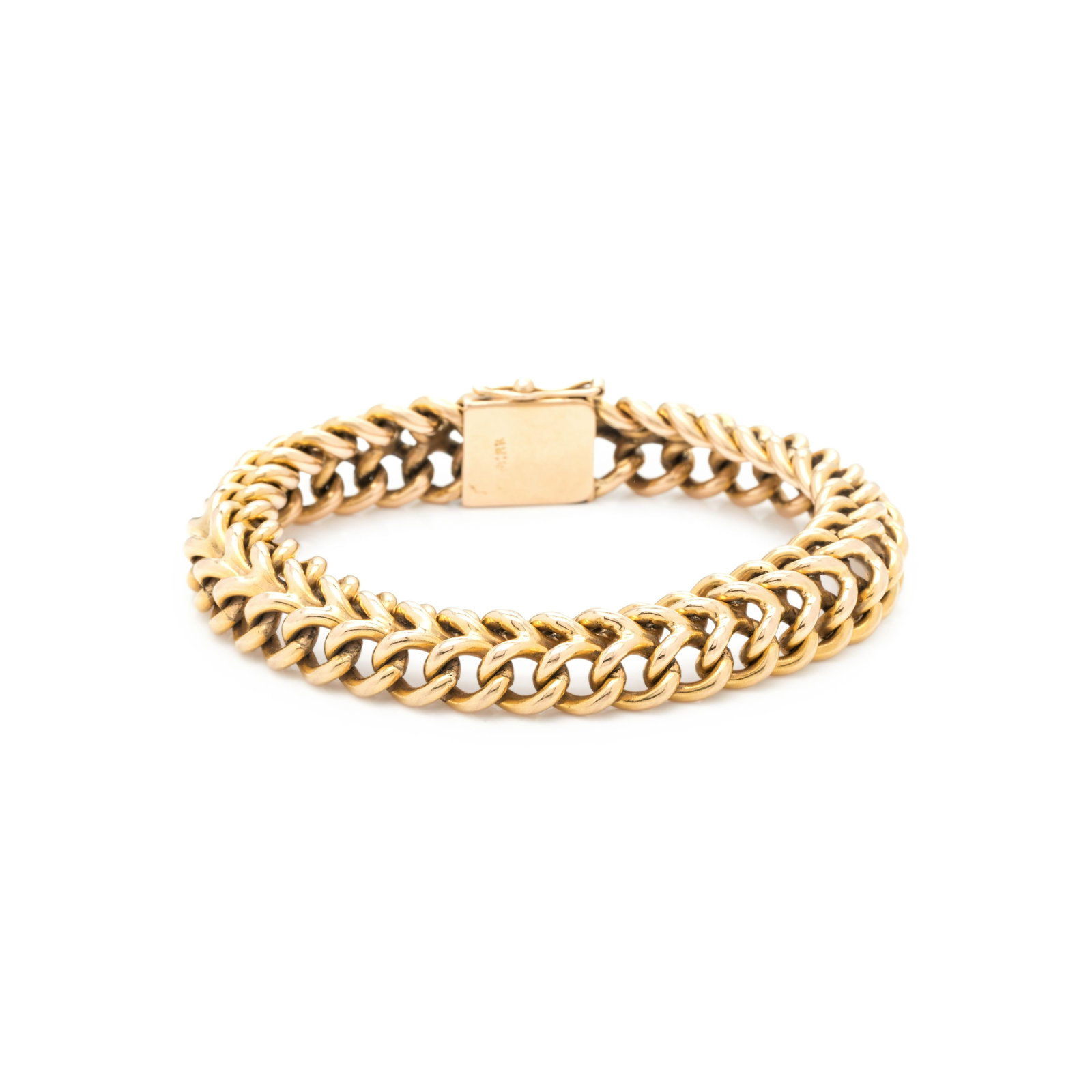 YELLOW GOLD BRACELET: YELLOW GOLD BRACELET Consisting of a fancy link chain measuring approximately 12.00 mm wide. Stamp: (partially obscured maker's mark) 18K. 46.15 dwt.