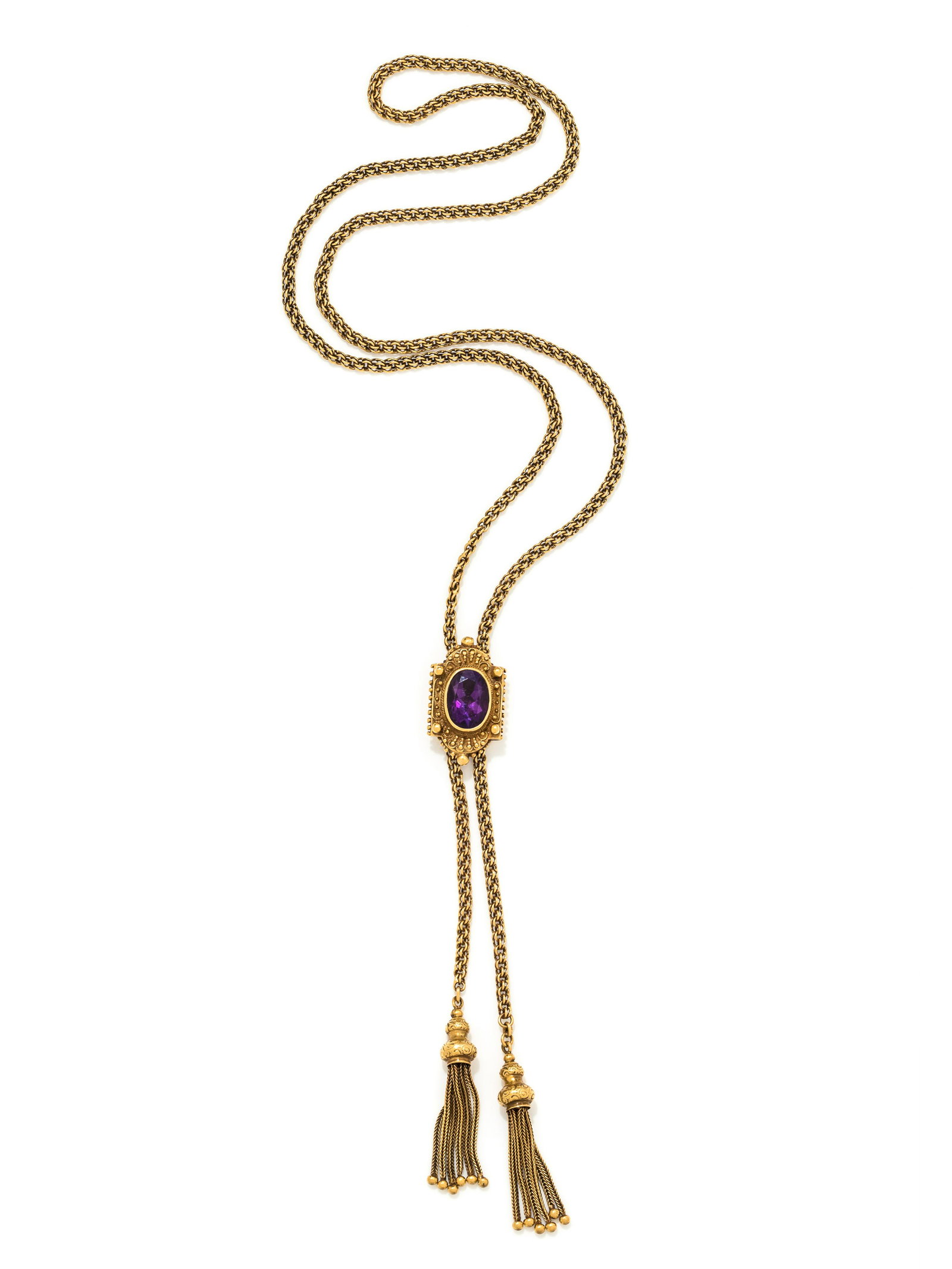 YELLOW GOLD AND AMETHYST SLIDE NECKLACE: YELLOW GOLD AND AMETHYST SLIDE NECKLACE Consisting of a fancy link chain with wheat chain tassels, surmounted with a slide clasp containing one oval mixed cut amethyst measuring approximately 13.40 x 