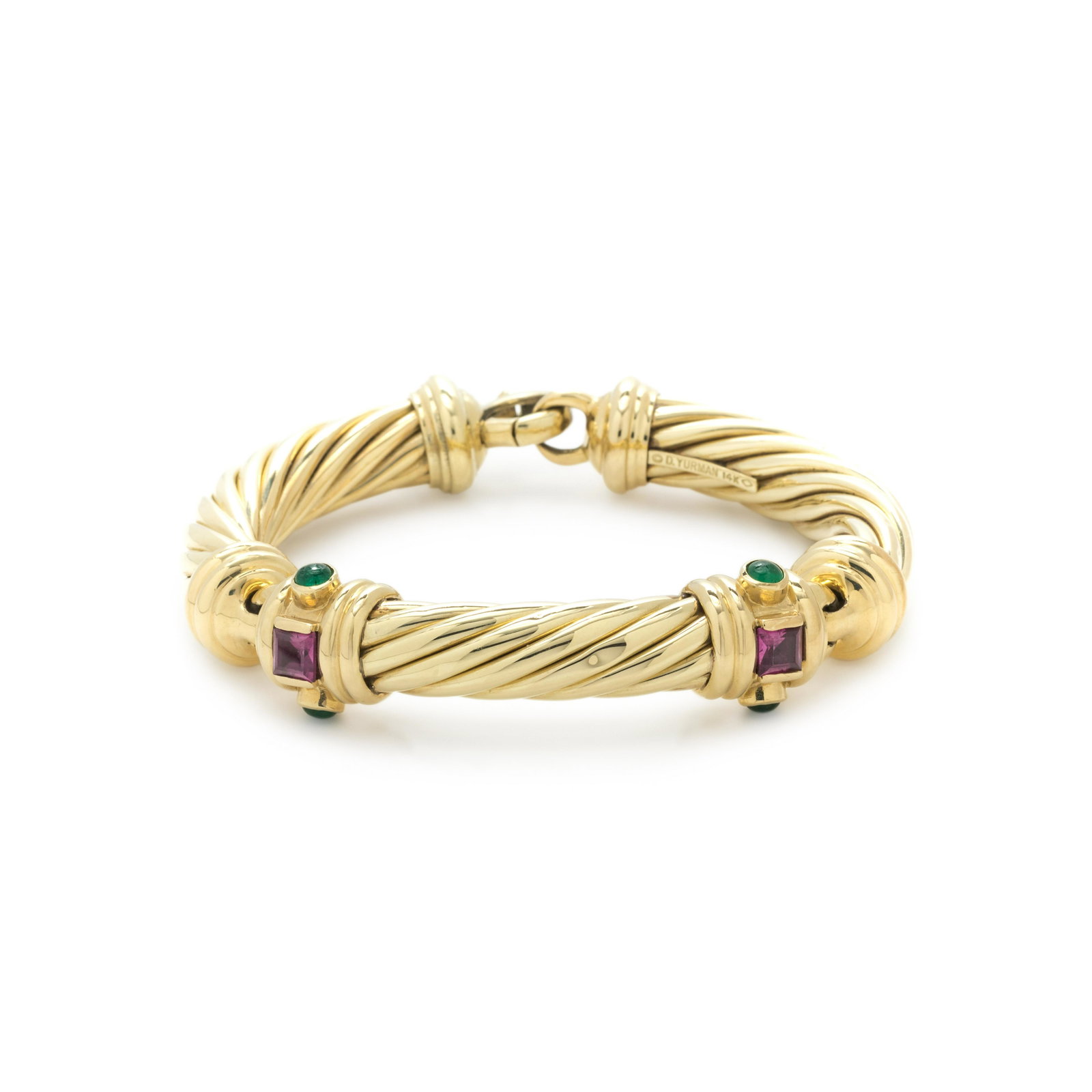 DAVID YURMAN, YELLOW GOLD AND GEMSTONE 'RENAISSANCE': DAVID YURMAN, YELLOW GOLD AND GEMSTONE 'RENAISSANCE' BRACELET Consisting of a cable measuring approximately 10.00 mm wide, the two hinges containing two square step cut pink tourmalines and four round