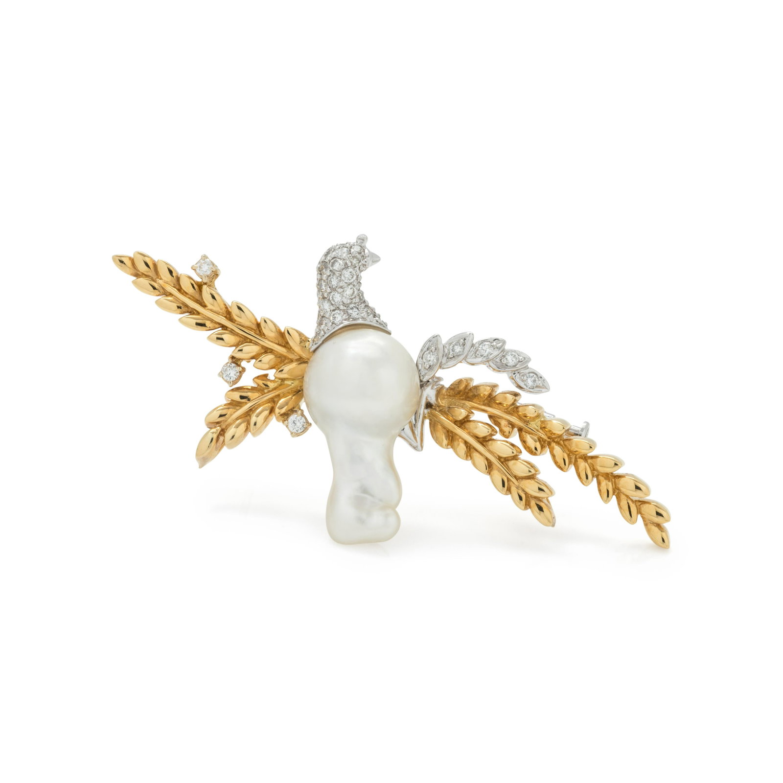 CULTURED BAROQUE PEARL AND DIAMOND DOVE BROOCH: CULTURED BAROQUE PEARL AND DIAMOND DOVE BROOCH Containing one Baroque pearl measuring approximately 20.90 x 11.40 mm and 41 round brilliant cut diamonds weighing approximately 0.40 carat total. Mounte