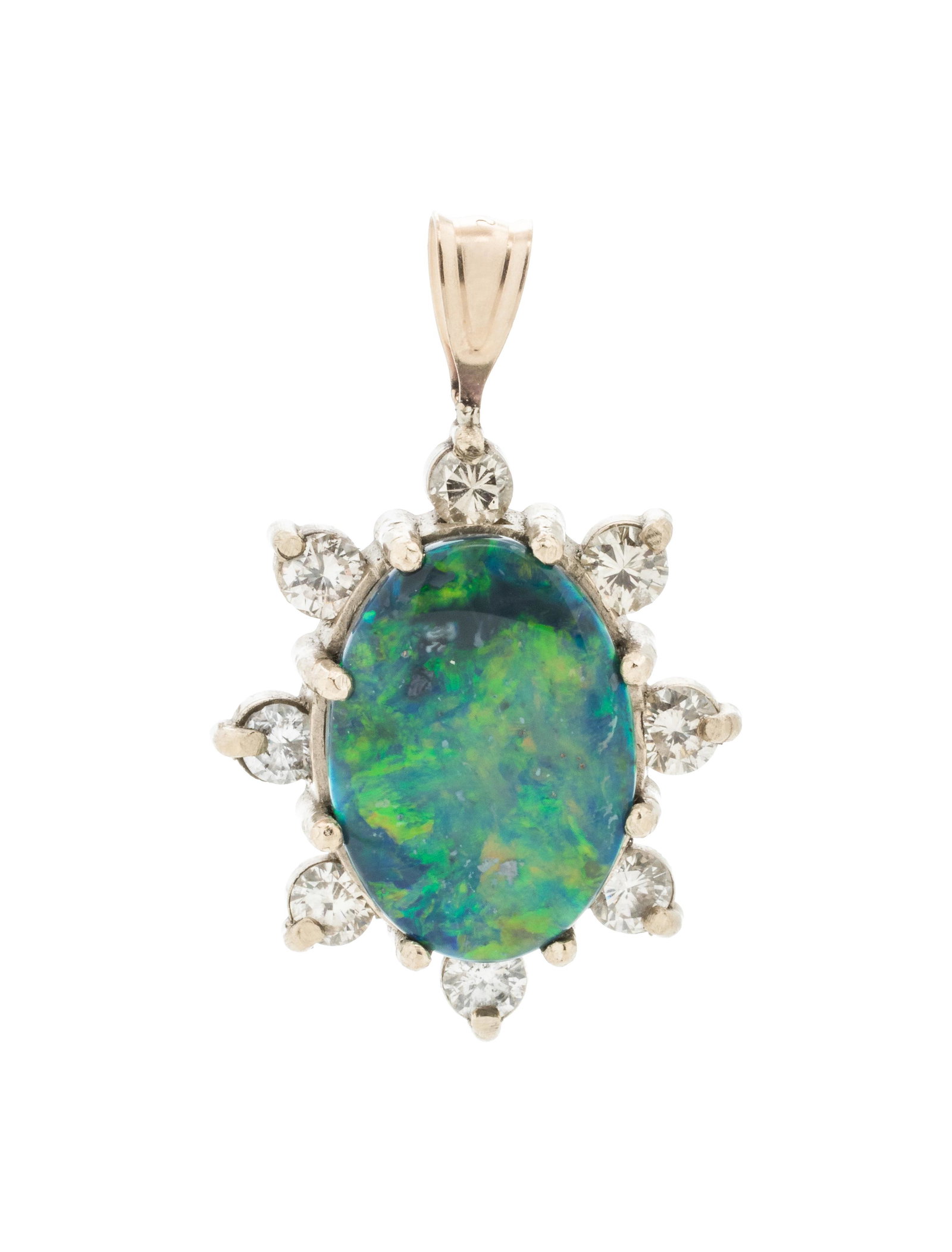 BLACK OPAL AND DIAMOND PENDANT: BLACK OPAL AND DIAMOND PENDANT Containing one oval cabochon black opal measuring approximately 15.45 x 11.10 x 3.40 mm and eight round brilliant cut diamonds weighing approximately 0.80 carat total. M