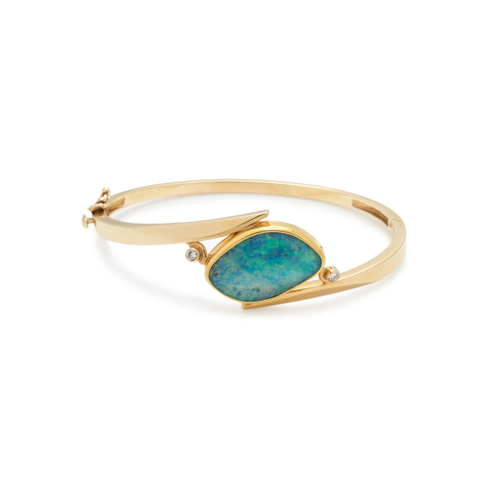 YELLOW GOLD AND OPAL BANGLE BRACELET: YELLOW GOLD AND OPAL BANGLE BRACELET Containing one freeform opal measuring approximately 22.00 x 15.00 mm and two round brilliant cut diamonds, hinged with side clasp. Scratchmark: 22K + 14K KJD. Sta