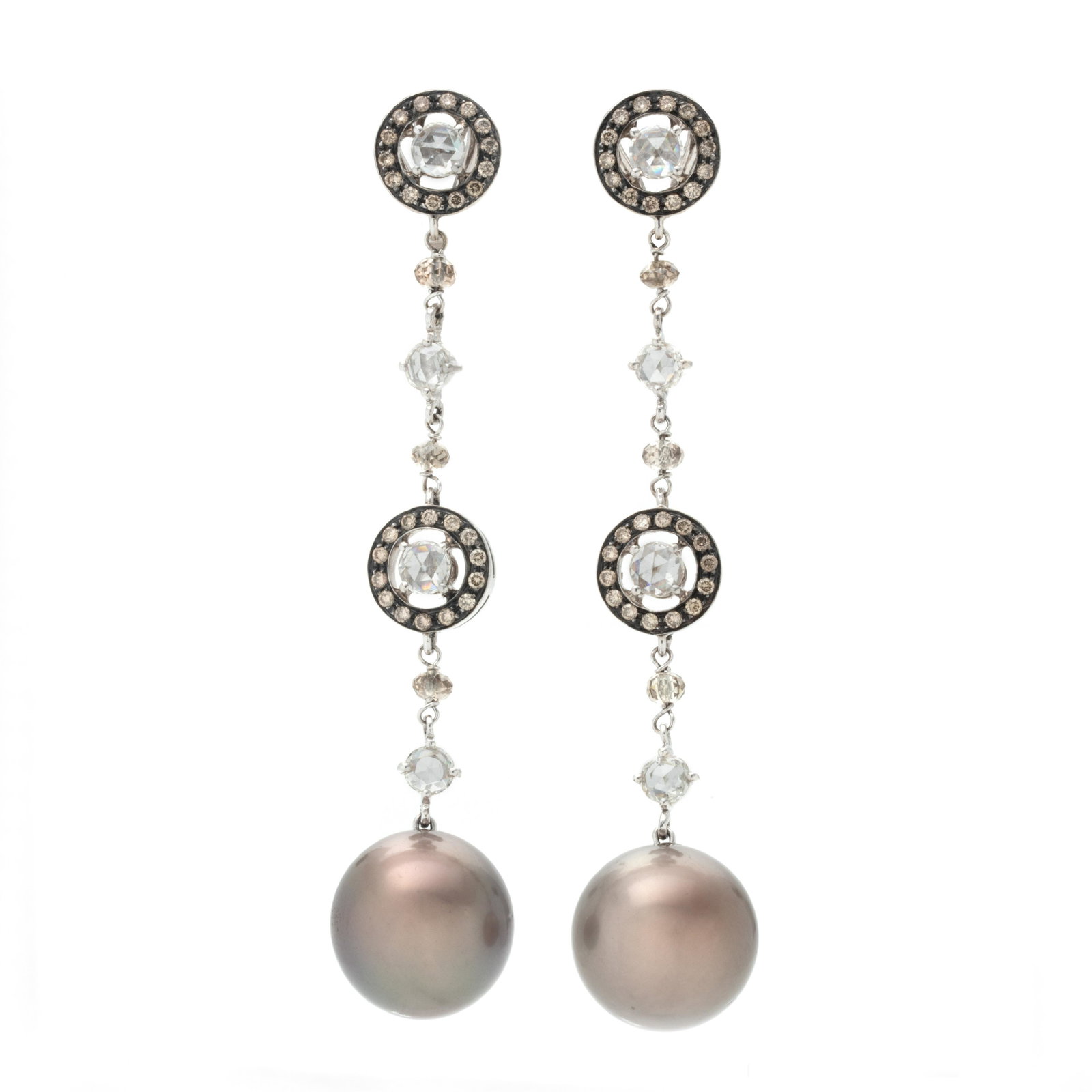 CULTURED TAHITIAN PEARL, DIAMOND AND COLORED DIAMOND: CULTURED TAHITIAN PEARL, DIAMOND AND COLORED DIAMOND EARCLIPS Containing two Tahitian pearls measuring approximately 13.30 mm in diameter, eight rose cut diamonds, six briolette faceted rondelle color